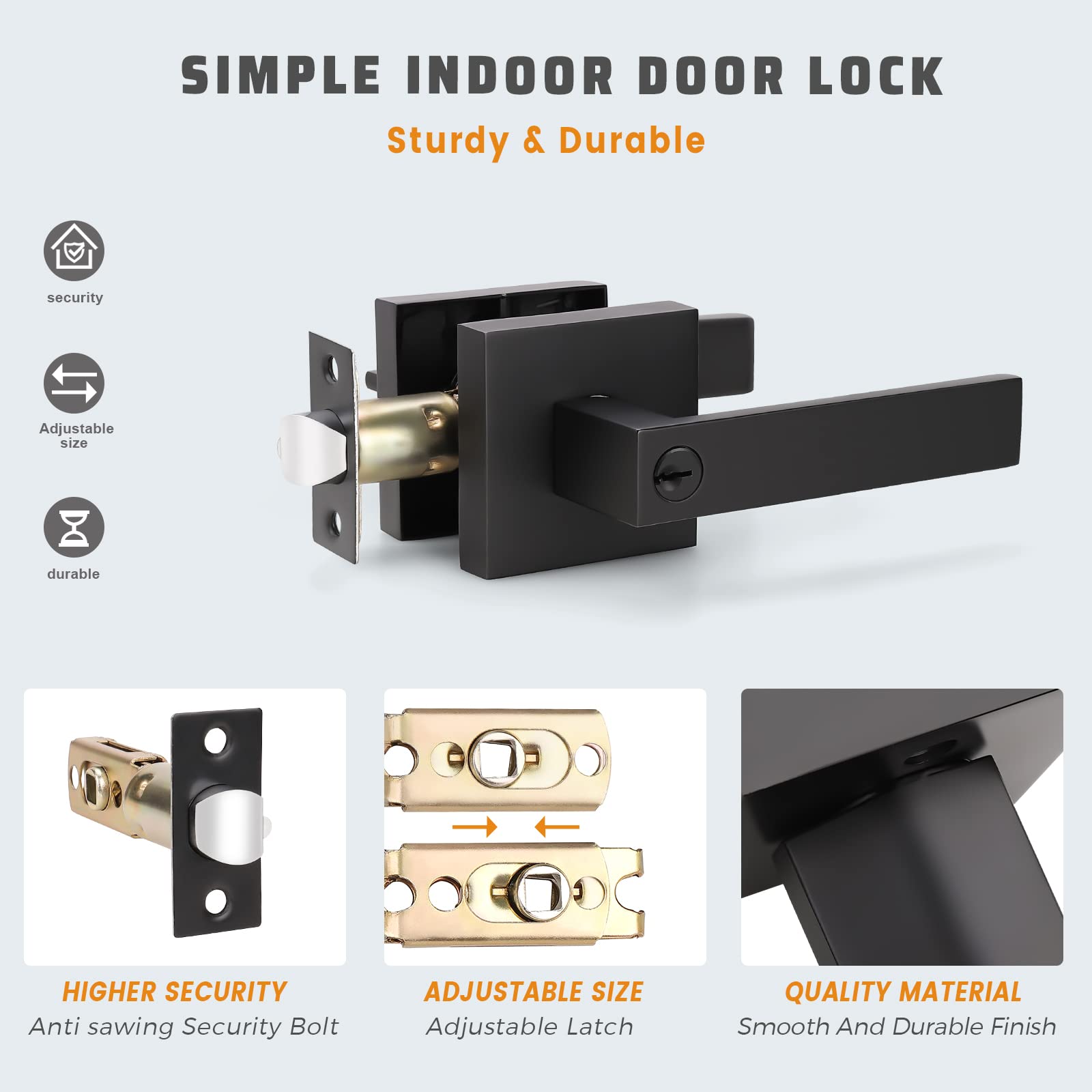 KNOBWELL 8 Pack Black Entry Door Handles with Keyed Lock - Gate & Front Door Leverset for Right/Left Hand Doors (Same Key) - Perfect for Home Security, Apartment Buildings & Commercial Properties