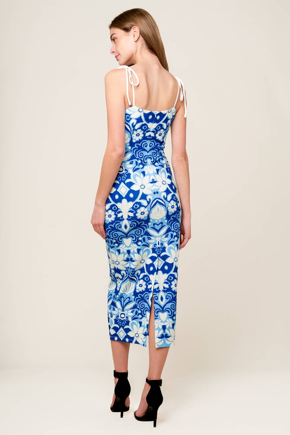 Bellamy Midi Dress - Blue & White Floral Print Women's Summer Dress for Casual Outings & Beach Vacations