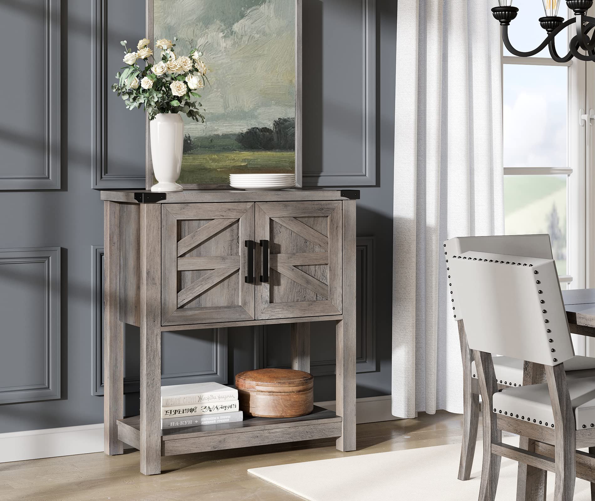 WAMPAT Farmhouse Wood Sideboard Cabinet with Open Storage - Adjustable Shelves & Magnetic Door Catch for Kitchen, Living Room - Rustic Grey Wash Finish | Perfect for Dining Room Storage & Home Decor