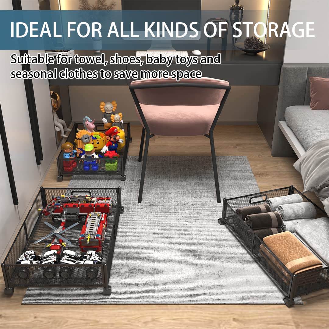 Under Bed Storage Containers with Wheels - Foldable Shoe & Clothes Organizer Drawers for Bedroom - 2 Pack Black Storage Bins for Blankets, Shoes & Bedding - Perfect for Small Spaces & Closet Organization