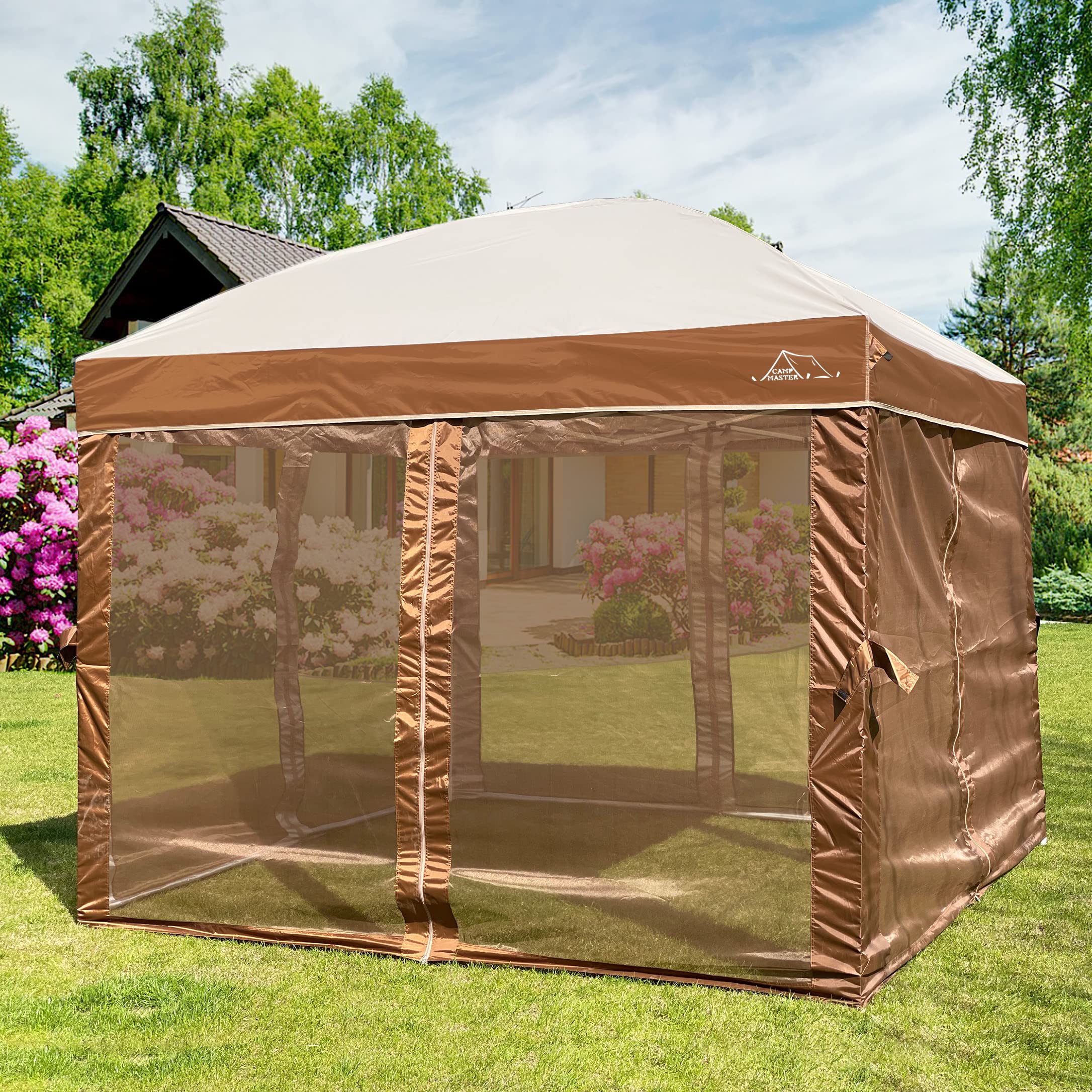 Camp Master 10x10 FT Pop-Up Canopy Tent with Mosquito Net - Waterproof Outdoor Party Canopy, Quick Setup Dome Shelter with Roller Bag & 4 Sandbags (Brown) - Perfect for Backyard BBQs, Beach Parties, Camping and Outdoor Events