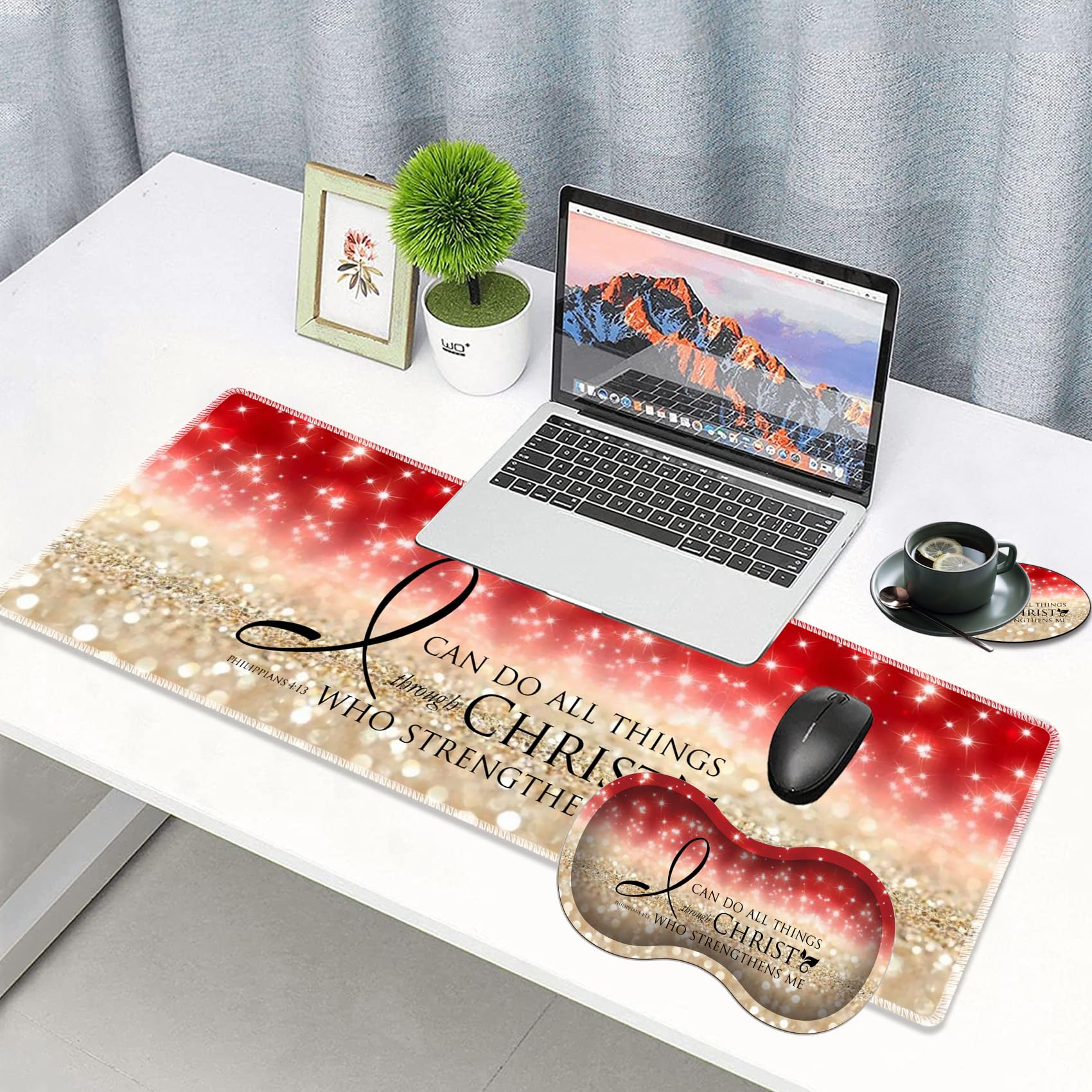 3-Piece Premium Mouse Pad Set with Stitched Edge - Large Anti-Slip Desk Mat, Keyboard Pad & Memory Foam Wrist Rest + Bonus Coaster - Bible Verse Philippians 4:13 in Pink - Perfect for Office, Home & Gaming Workstations