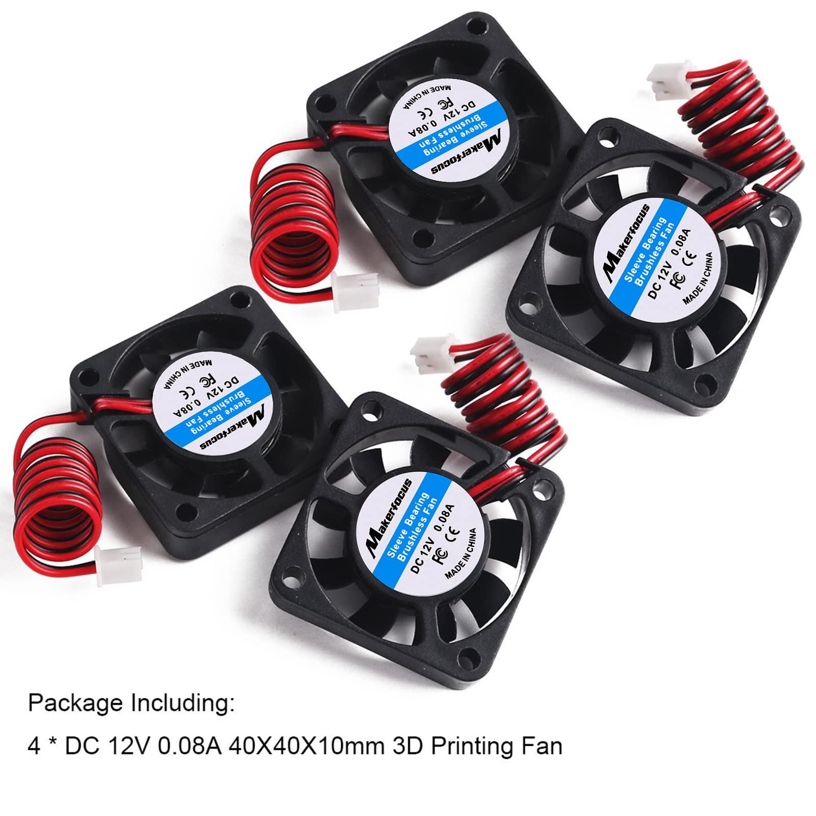 MakerFocus 4-Pack 40mm 12V DC Cooling Fan - Quiet 0.08A Mini Fan (40x40x10mm) with 28cm Cable - Replacement for 3D Printers, DVR, Electronics & Small Appliances - Perfect for Cooling, Ventilation & DIY Projects