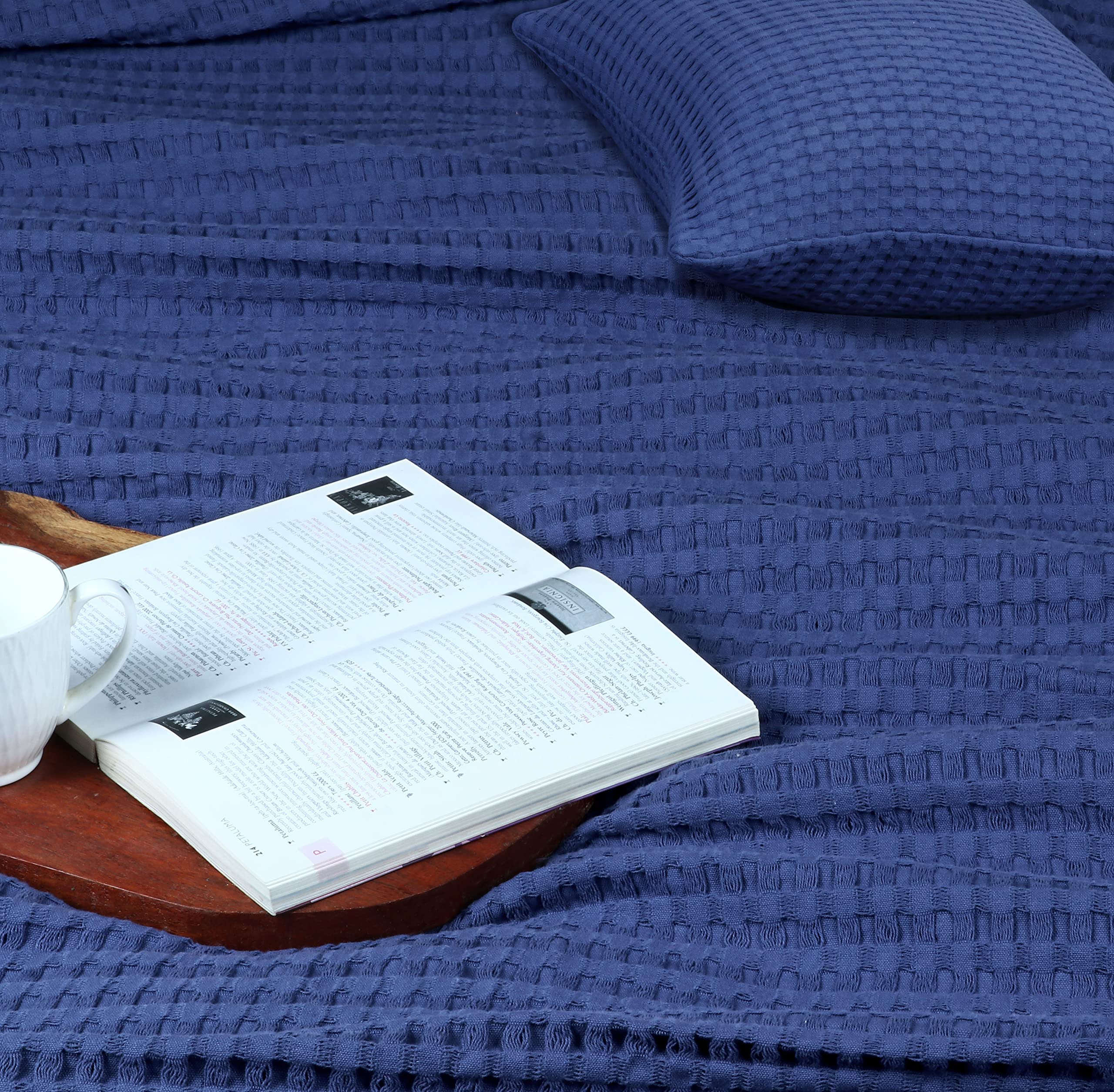 Tex Trend 100% Cotton Waffle Weave Queen Size Blanket - Lightweight & Breathable Cooling Bed Blanket for All Seasons, Navy Blue, 90x90 Inches - Perfect for Bedroom, Guest Room, Dorm, Sofa & Travel Use