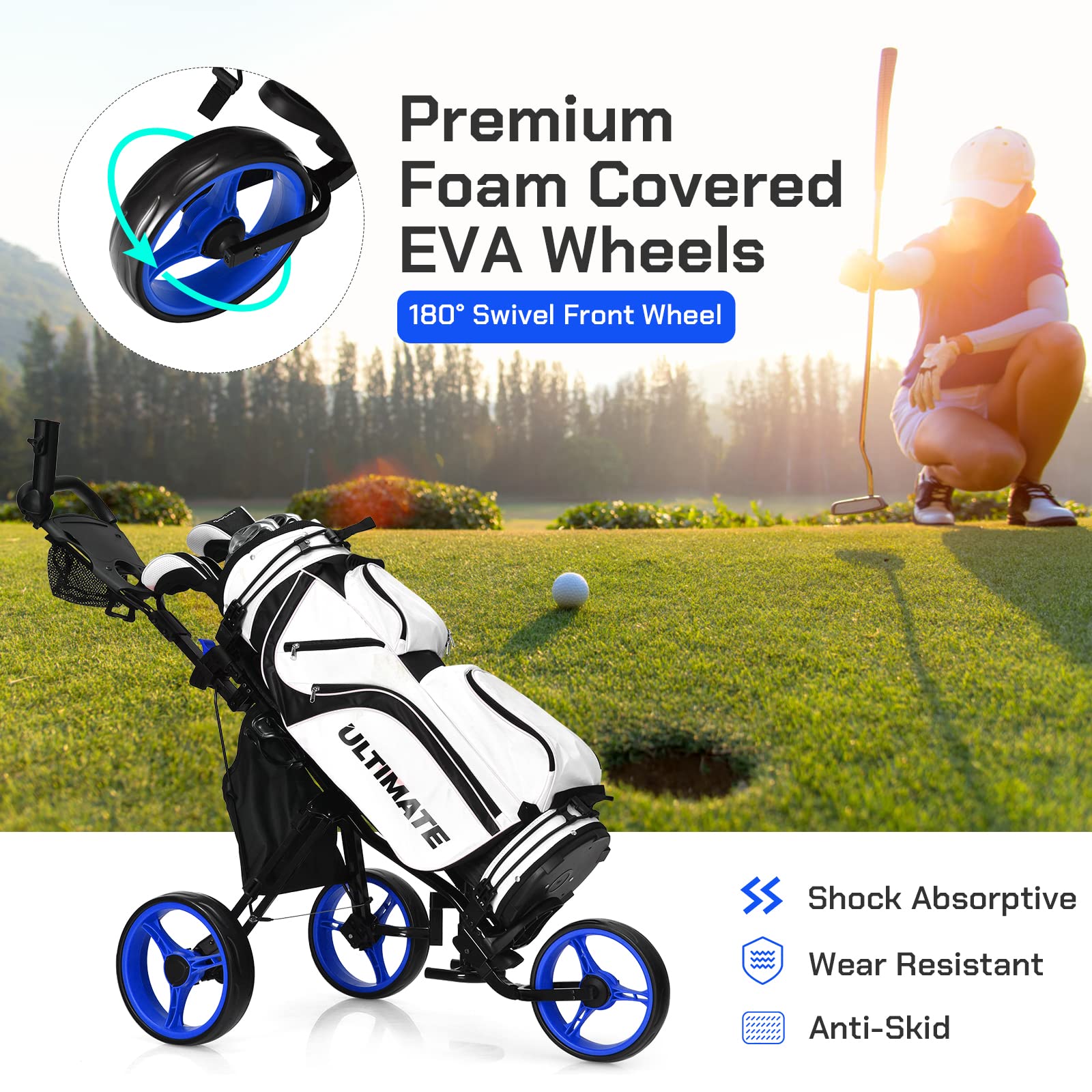 Best 3 Wheel Folding Golf Push Cart - Lightweight Collapsible Golf Trolley with Seat, Foot Brake & Umbrella Holder - Adjustable 4-Position Handle for Golf Clubs - Perfect for Golf Courses & Practice Ranges
