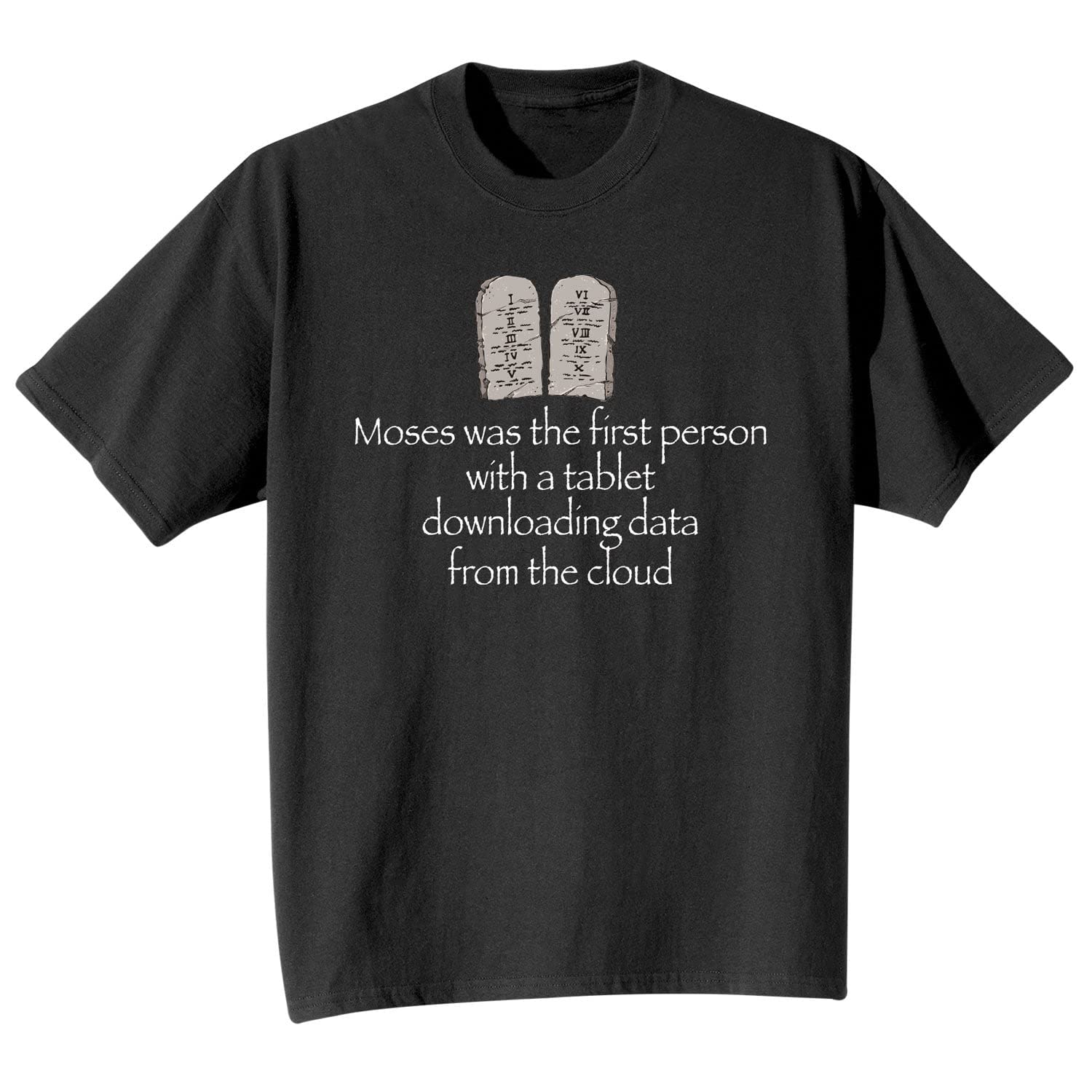 Unisex Moses & 10 Commandments Tablet Graphic T-Shirt - Black Crew Neck Cotton Tee - Religious Apparel for Bible Study & Church Events