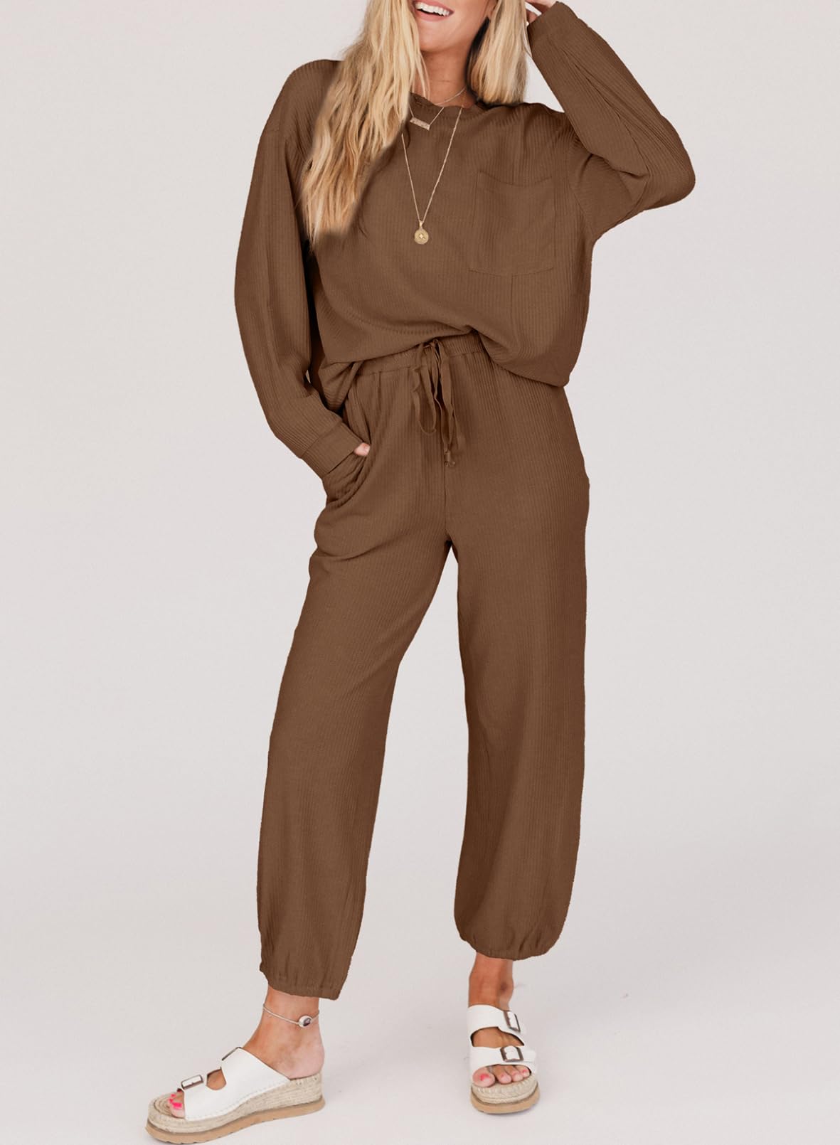SHEWIN Women's 2 Piece Waffle Knit Lounge Set - Long Sleeve Pullover & Drawstring Jogger Pants Tracksuit | Cozy Casual Outfit for Home, Yoga, Travel & Loungewear