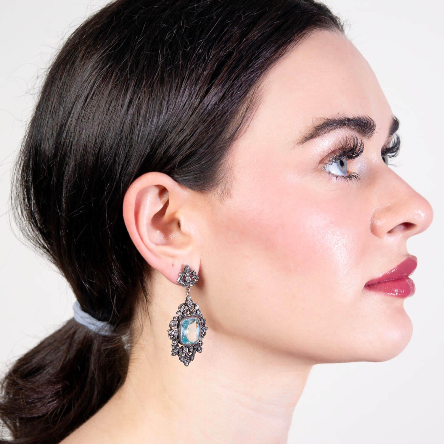 Victorian Style Sterling Silver & 14k Gold Diamond Dangle Earrings - Elegant Vintage Jewelry for Weddings, Parties & Special Occasions