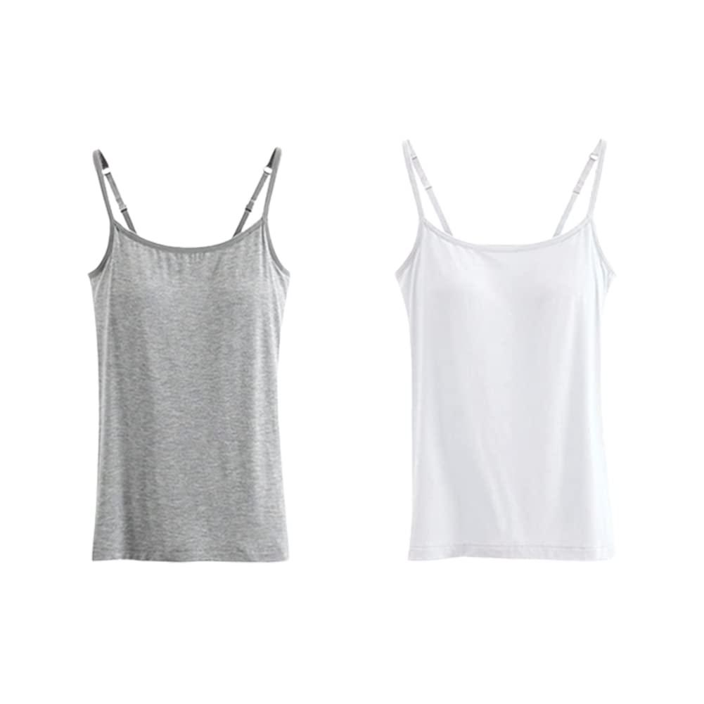 Women's Built-in Bra Tank Top - Adjustable Stretch Straps Yoga Camisole for Workout & Lounge (S, Grey+White) | Seamless Comfort for Gym, Yoga & Everyday Wear