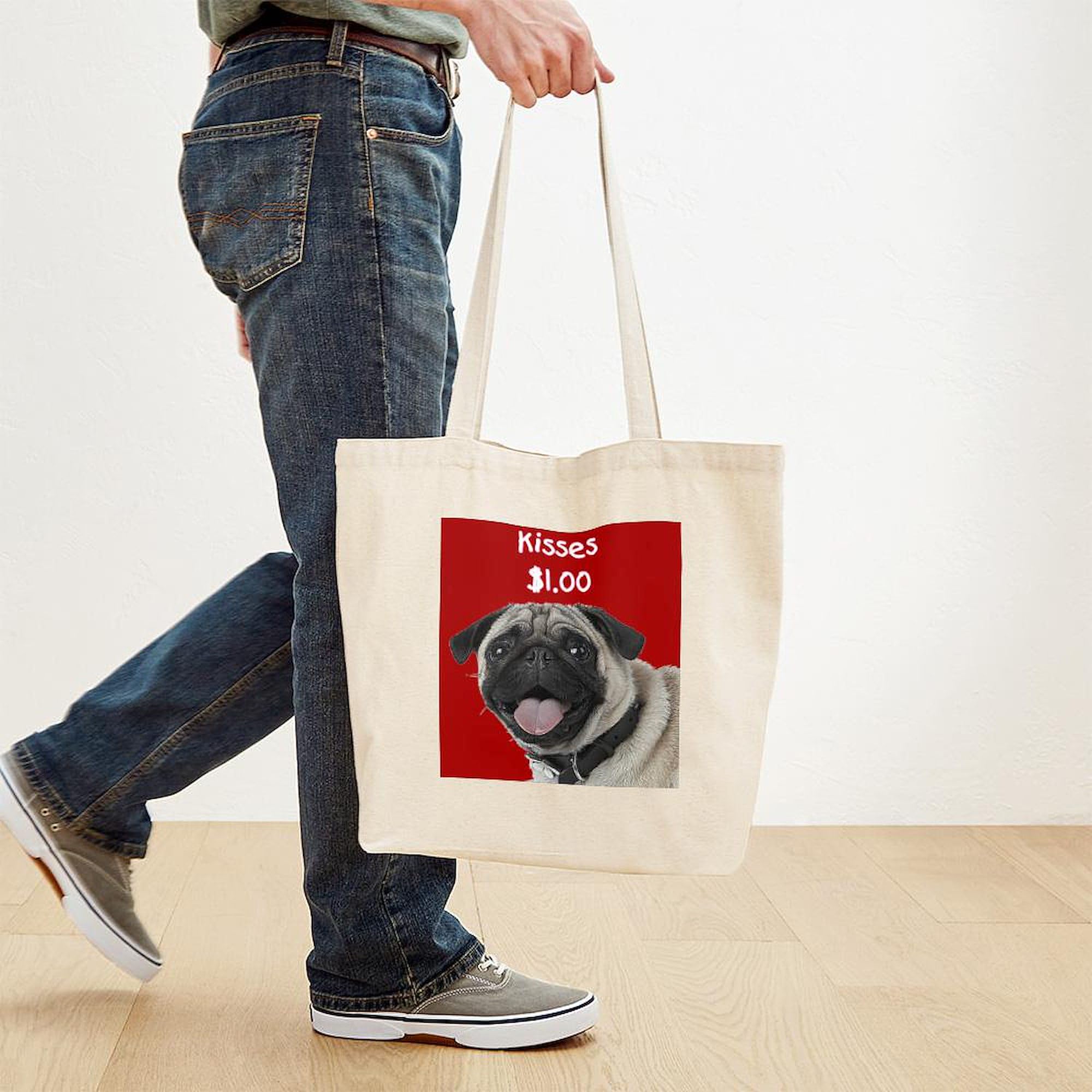 Pug Kisses Tote Bag - Natural Canvas Reusable Shopping Bag for Groceries, Beach & Daily Use | Cute Dog Lover Gift