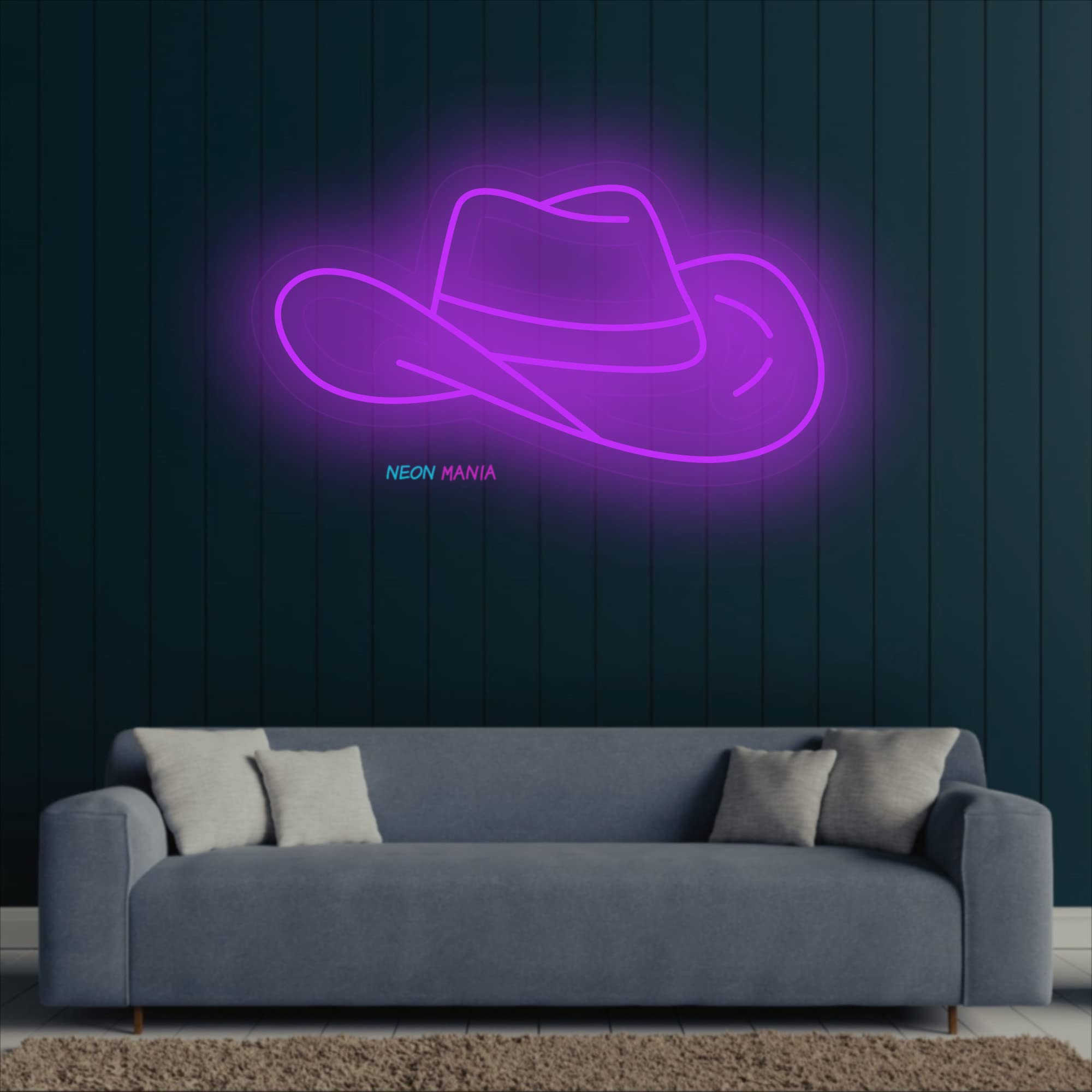 Blue Cowboy Hat LED Neon Sign - Western Themed Light Up Bar Decor for Home, Saloon & Ranch - 40 Inches