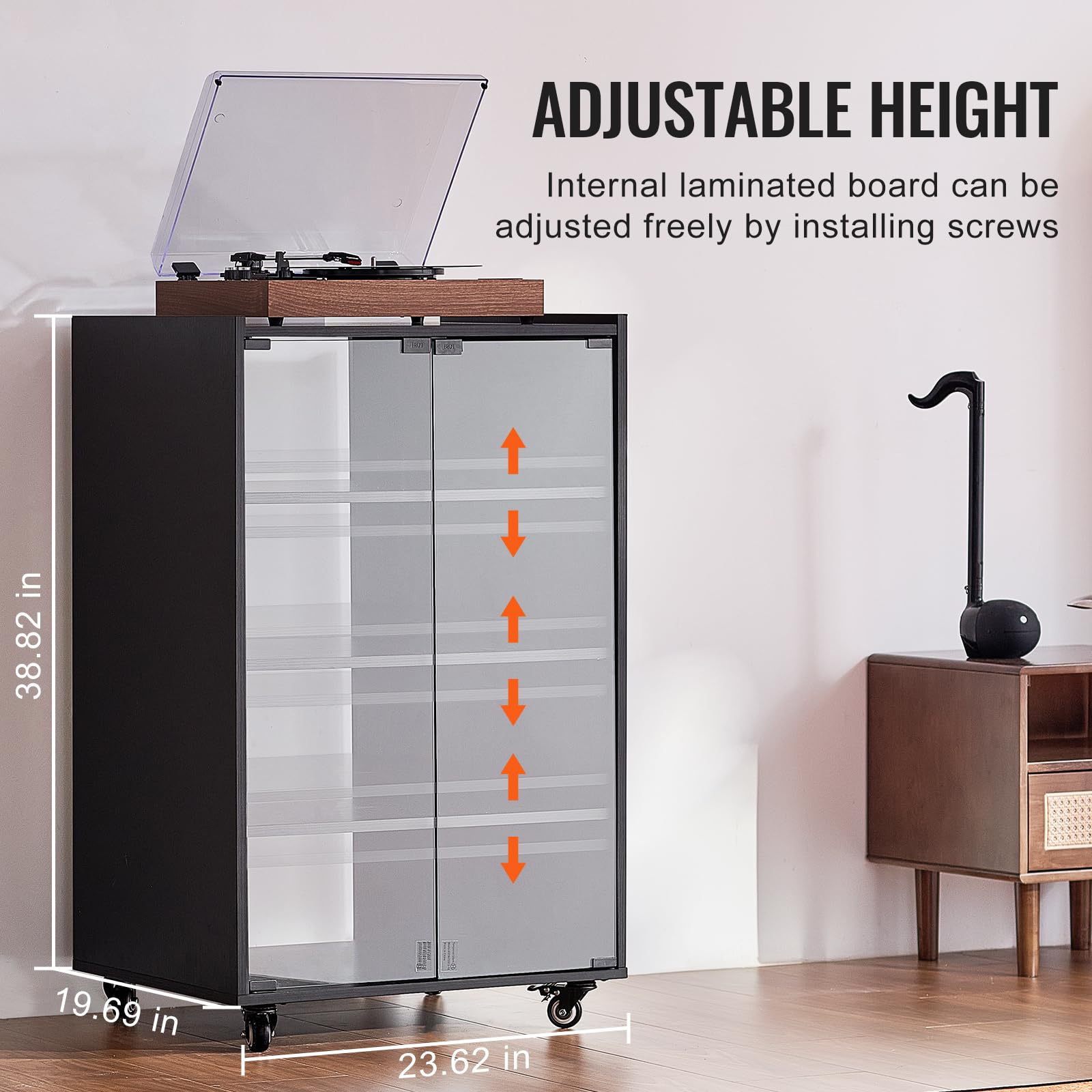 VEVOR 5-Tier Rolling TV Stand with Adjustable Shelves - Wooden Media Storage Cabinet for DVD Players, Cable Boxes, Gaming Consoles - Perfect for Living Room, Home Theater & Game Room Setup (Black)