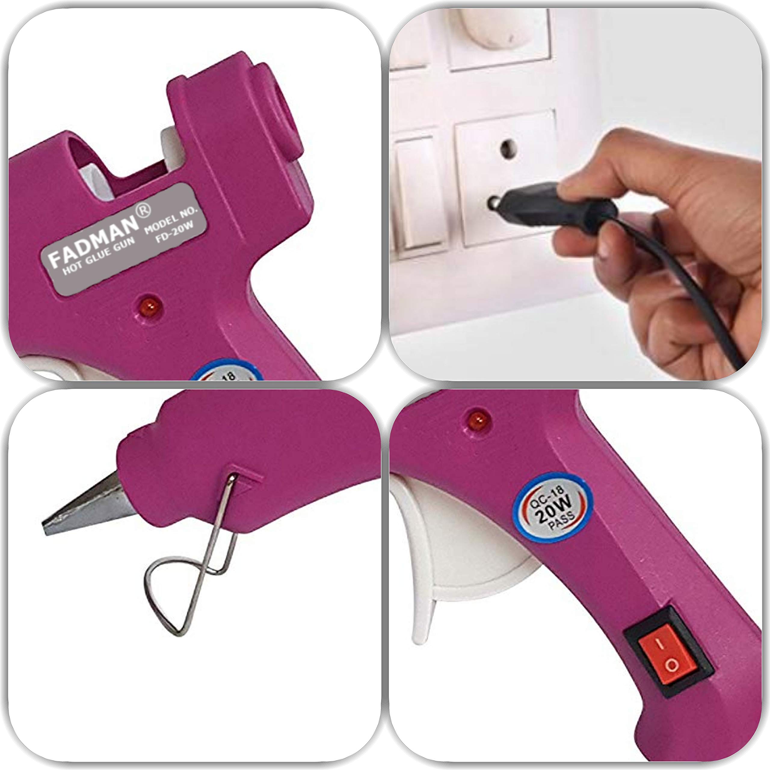 FADMAN Mini 20W Hot Melt Glue Gun with On/Off Switch & Indicator - 7mm Nozzle (Magenta) Includes 3 Glue Sticks - Perfect for DIY Crafts, Home Repairs & School Projects