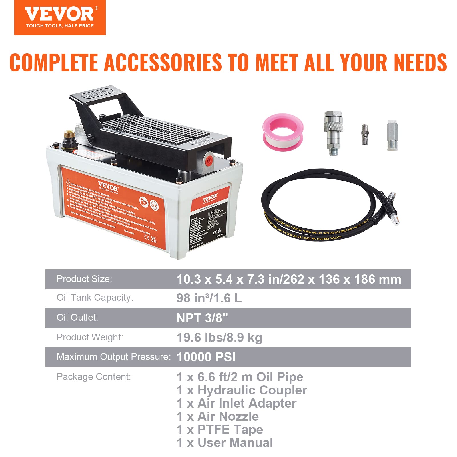 VEVOR 10,000 PSI Air Over Hydraulic Pump with 1/2 Gallon Reservoir - Heavy Duty Hydraulic Tool for Automotive Repair, Industrial Equipment & Construction (Gray)