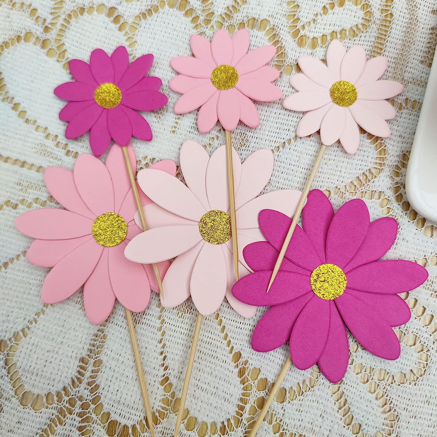 Blush Pink Daisy Cupcake Toppers - Pack of 12 | Food Picks for Baby Showers, Birthday Parties & Wedding Decorations | Adorable Cake Decor for Girls' Celebrations & Dessert Displays