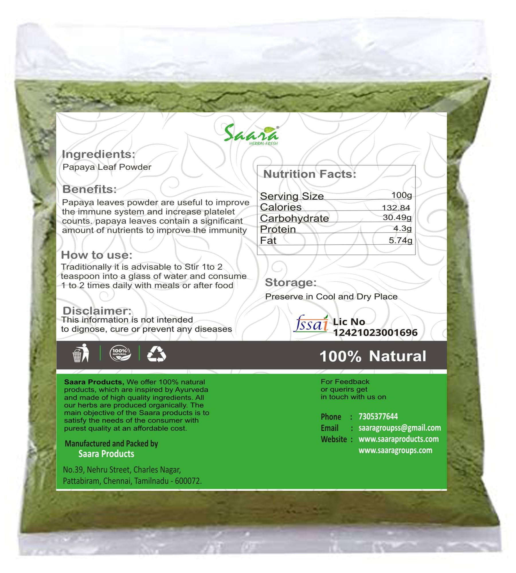 Organic Papaya Leaf Powder 200g (2 x 100g Packs) - Herbal Fresh Carica Papaya Leaf Supplement for Digestive Health, Skin Care & Immunity Boost - Perfect for Smoothies, Teas & Natural Remedies
