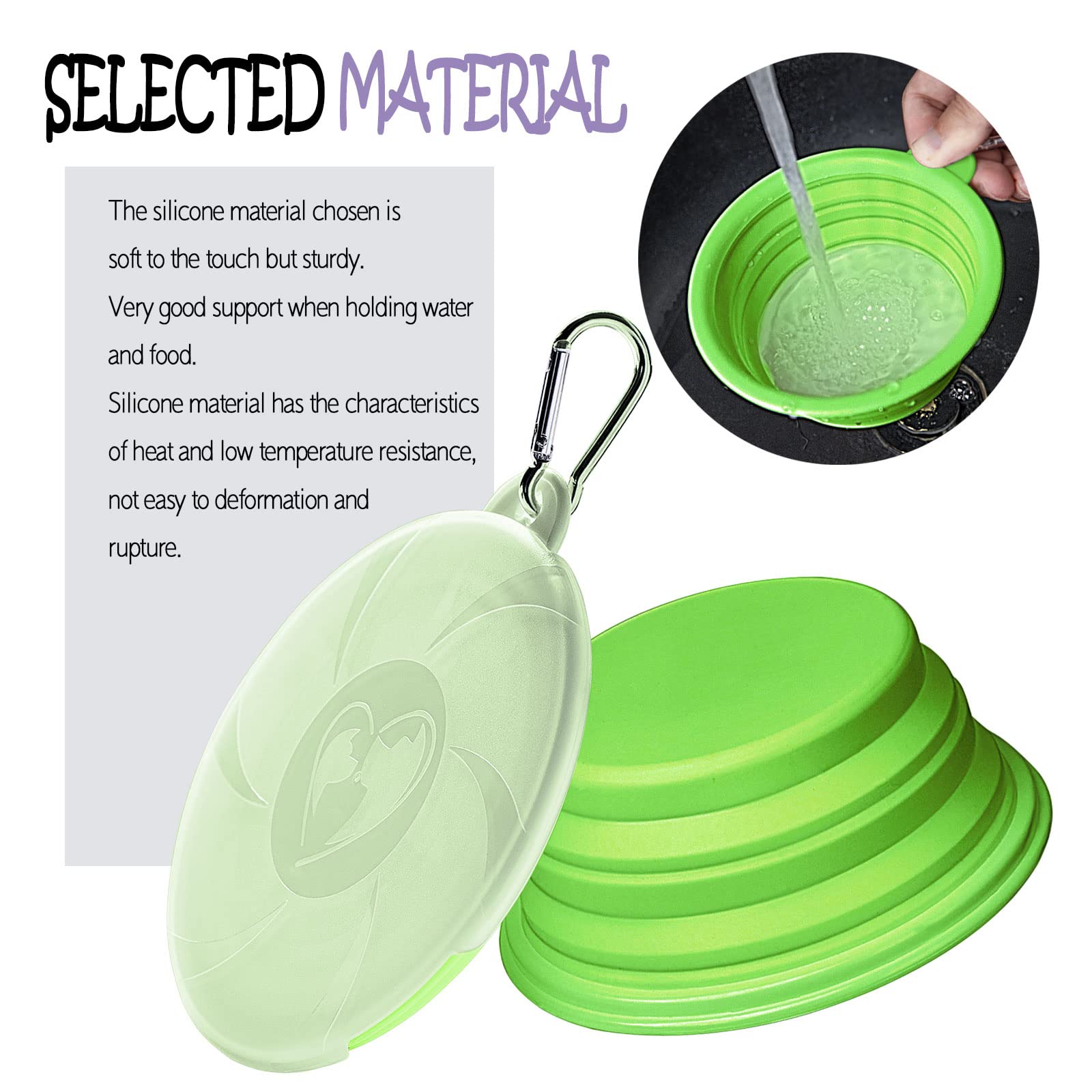 Collapsible Dog Bowl - Portable Silicone Pet Food & Water Dish with Lid & Carabiner for Dogs & Cats, 15oz Travel-Friendly Collapsible Bowl for Hiking, Camping, Travel - Perfect for Outdoor Adventures & Daily Walks (Green)