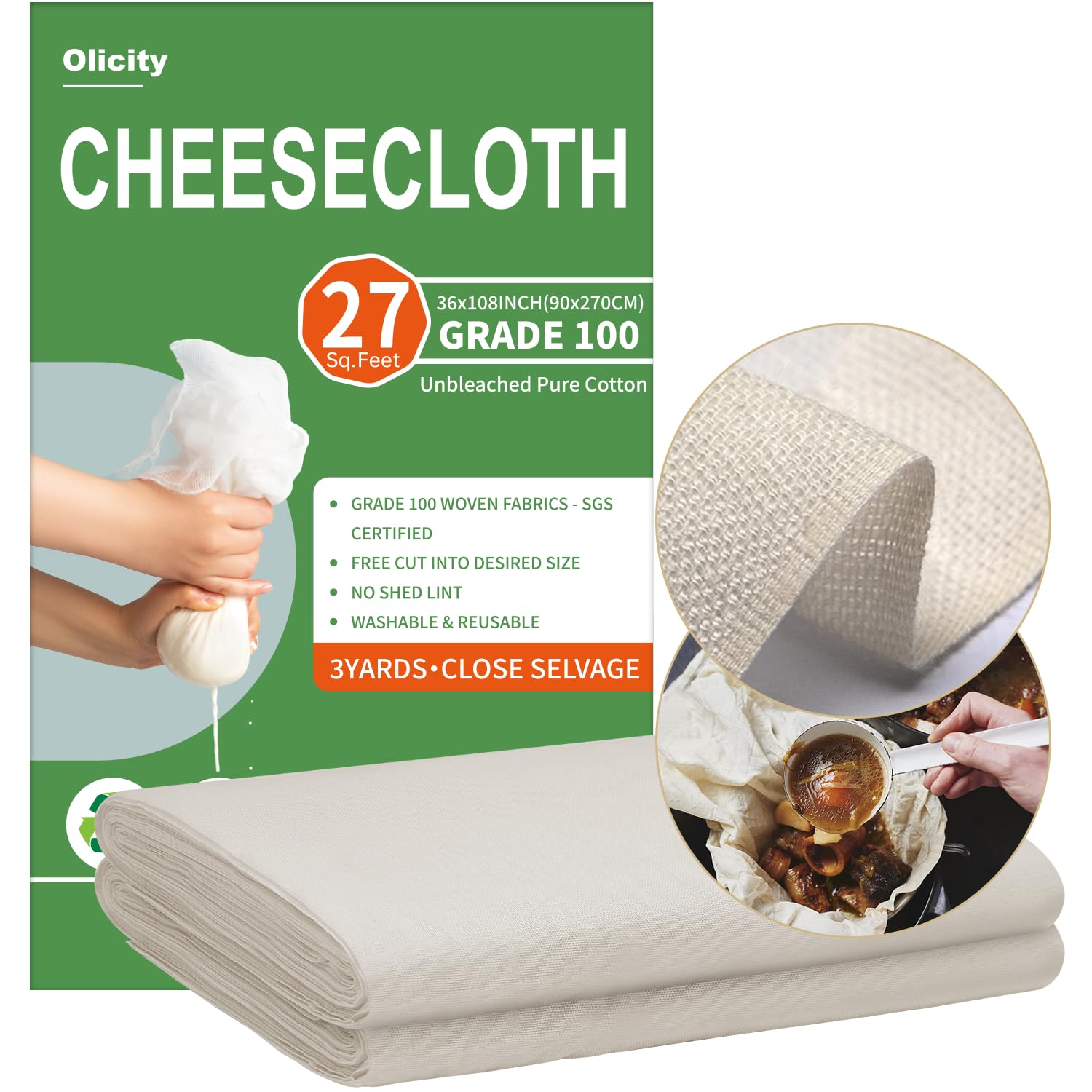 Premium Unbleached Cotton Cheesecloth - Grade 100, 27 Sq Ft (3 Yards) Reusable Fine Mesh Fabric with Closed Edges for Cooking, Straining, Sushi Rice, Cheese Making & DIY Crafts - Ideal for Home Kitchens & Professional Chefs