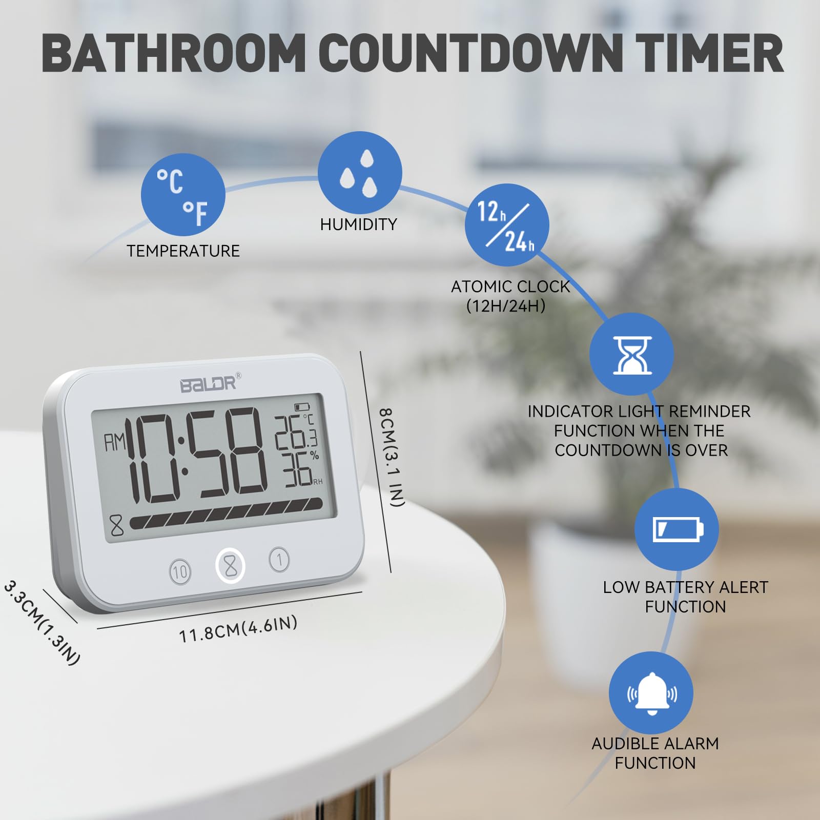 Waterproof Digital LCD Shower Clock with Temperature & Humidity Display - Bathroom Wall Mount Timer for Shower, Spa, Pool - White (2 Suction Cups, Time/Temp/Humidity) - Perfect for Home, Gym & Travel Use