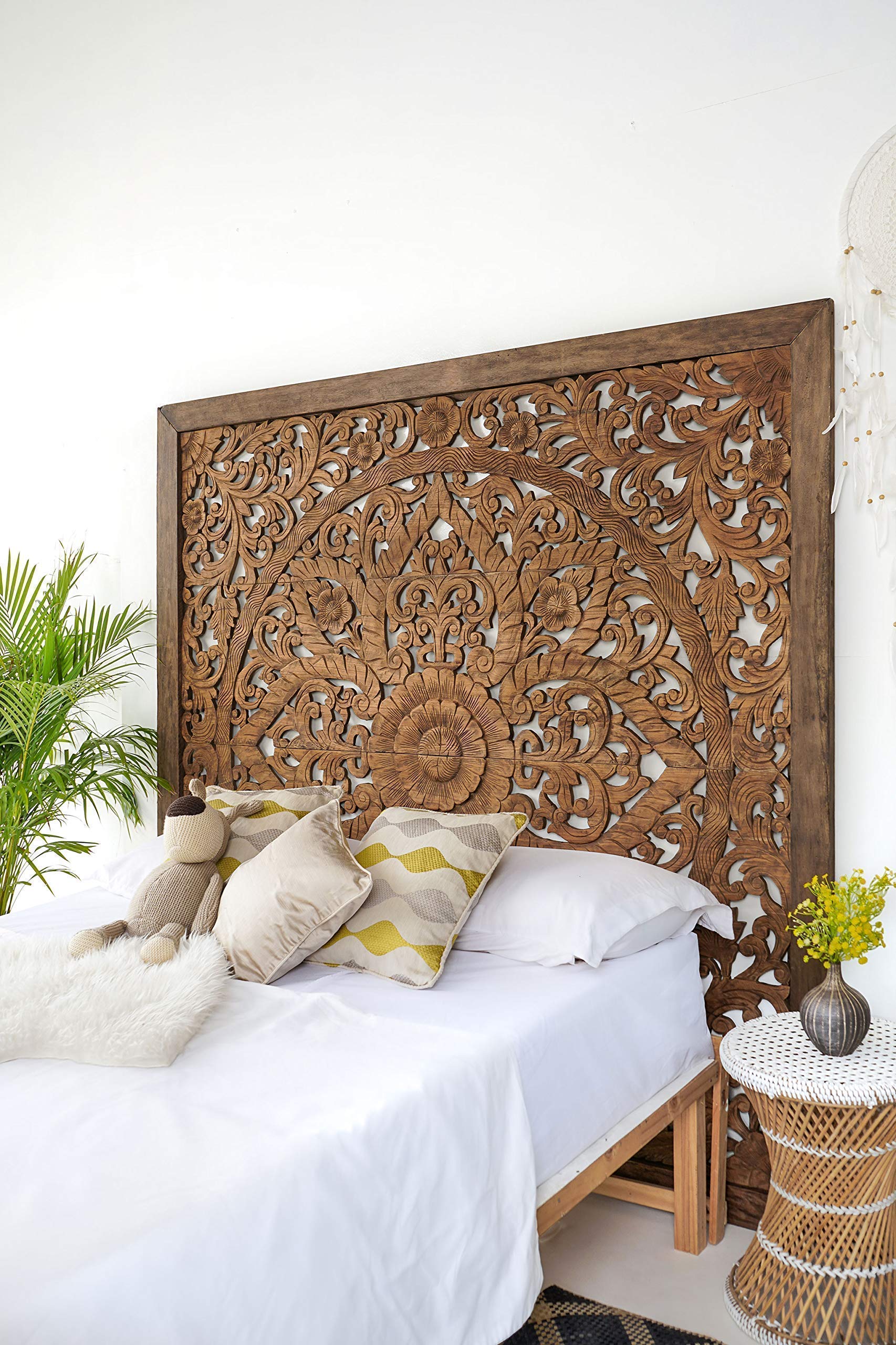 80-inch Super King Size Carved Wooden Headboard with Mandala Design - Wall Mounted Rustic Barn Finish in Weathered Brown - Perfect for Bedroom Decor, Farmhouse Style Homes & Bohemian Interiors