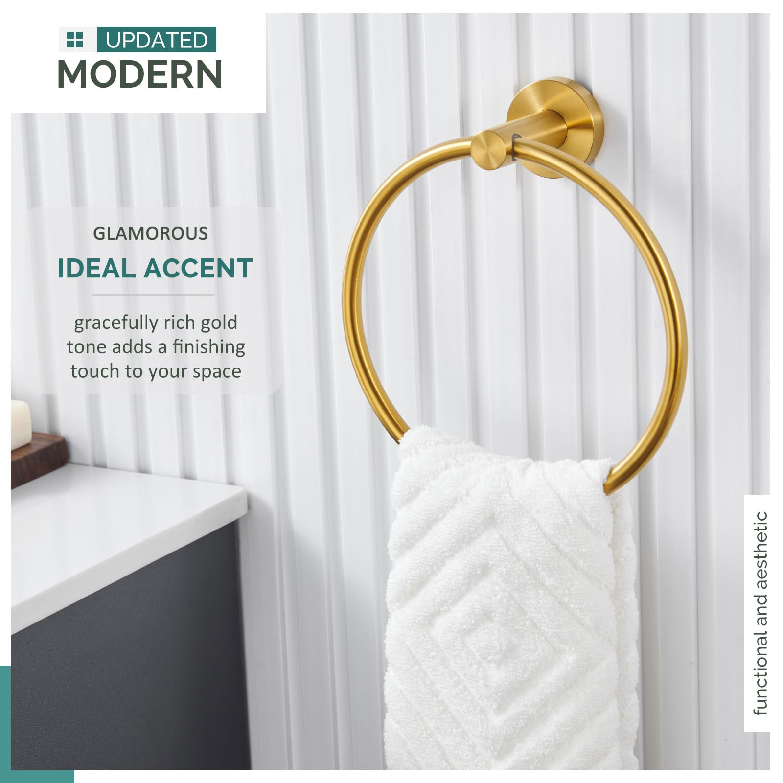 Brushed Gold Towel Ring - Angle Adjustable SUS304 Stainless Steel Wall Mounted Towel Holder - Modern Bathroom Accessory for Hand Towels, Washcloths & Spa Decor