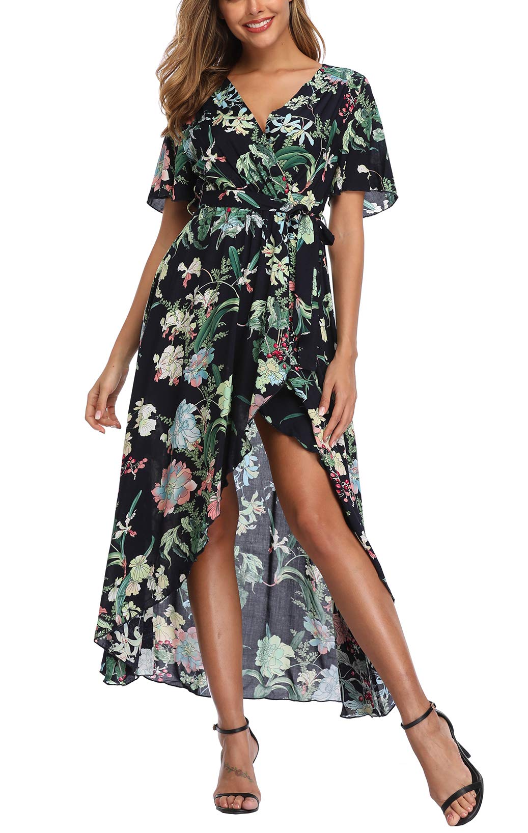 Boho Floral Maxi Dress for Women - Short Sleeve Wrap Summer Beach Dress with Side Slit | Perfect for Beach Vacations, Pool Parties & Tropical Getaways