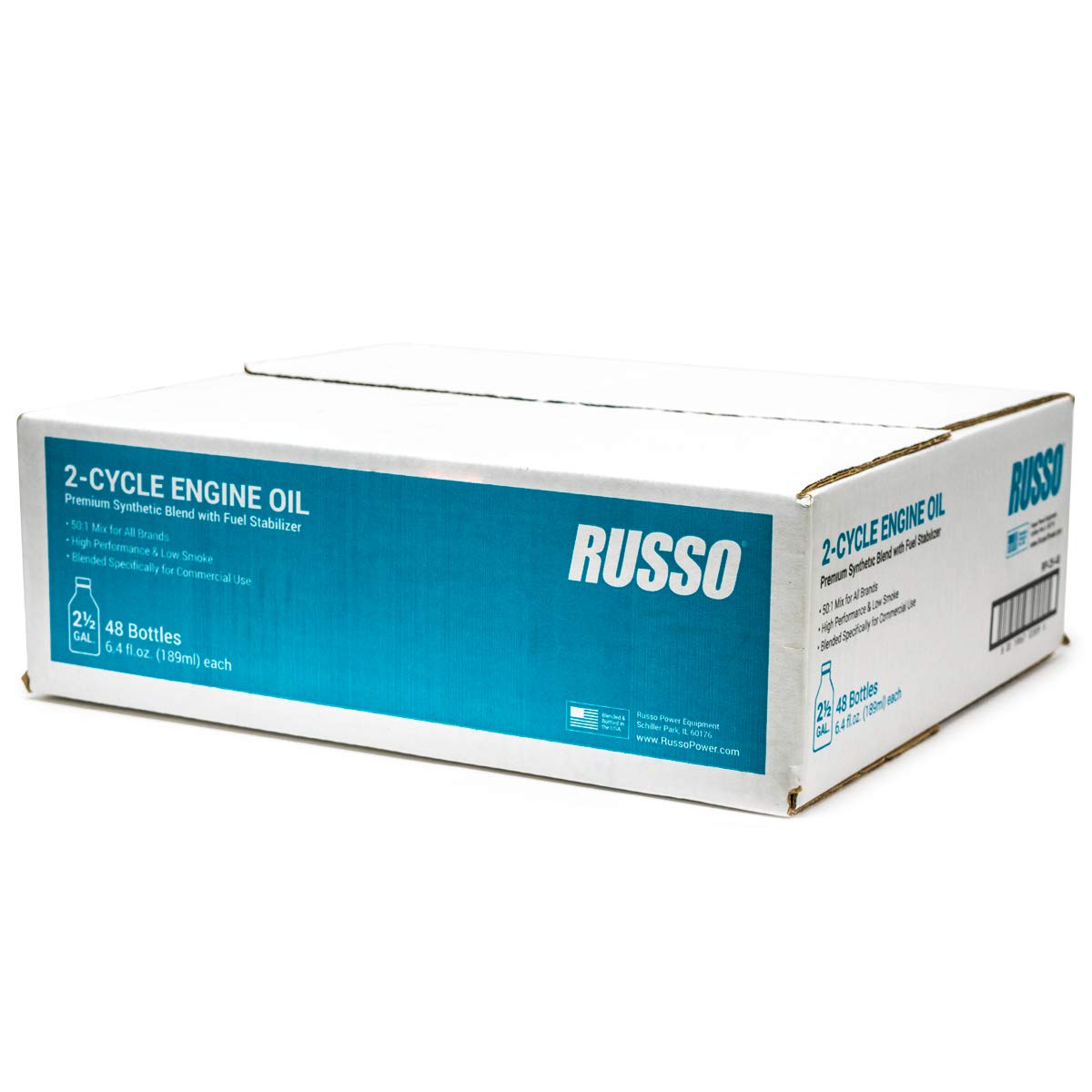 Russo Synthetic Blend 2-Cycle Oil 6.4 Oz (Case of 48 Bottles) - 50:1 Mix Ratio for 2.5 Gallon - Premium Engine Lubricant for Chainsaws, Lawn Mowers & Outdoor Power Equipment