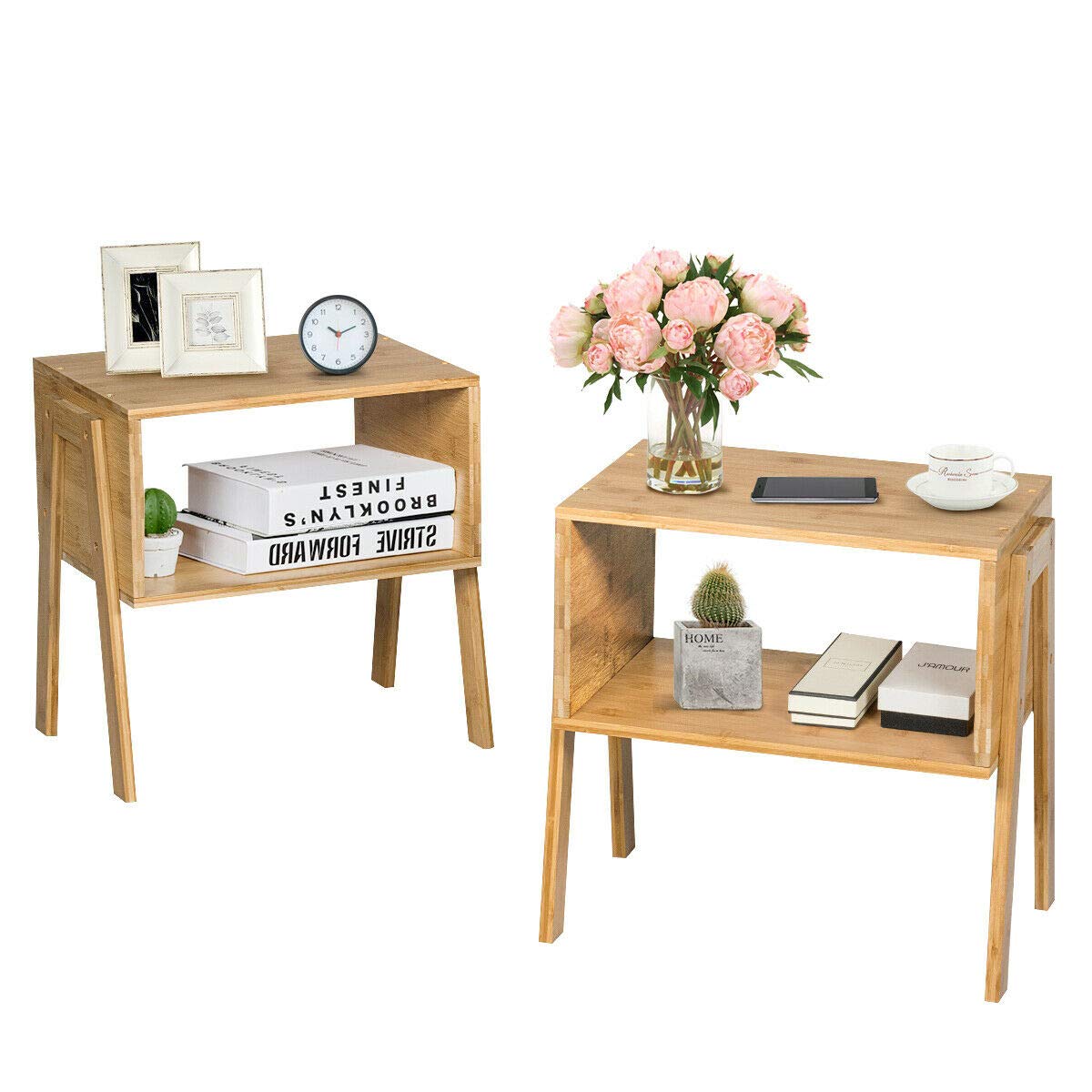 Elegant Bamboo Nightstand with Storage Shelf - Stackable Sofa Table & Bedside Table for Living Room, Bedroom, Reception Room - Set of 2 - Perfect for Small Spaces & Apartment Decor