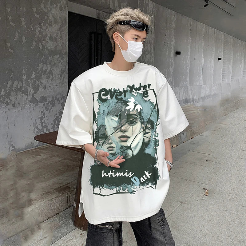American Style Men's T-Shirts with Shoulder Pads & Cartoon Print - Round Neck Short Sleeve Casual Tees for Men | Trendy Streetwear for Everyday Wear, Parties, and Outings