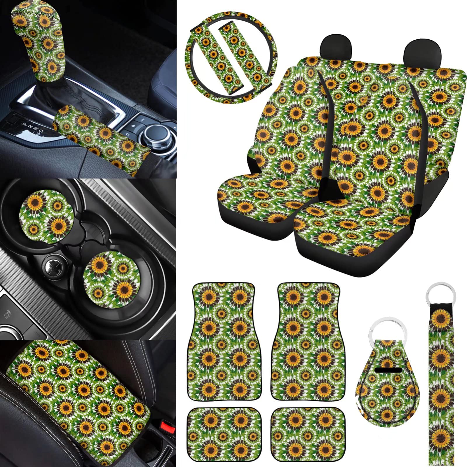 BIGCARJOB Tie Dye Car Seat Covers Set for Women - 18 Pcs Printed Auto Interior Accessories with Floor Mats, Armrest Covers, Seat Belt Pads, Coasters, Lanyard Keychain & Steering Wheel Covers - Perfect for Road Trips & Daily Commutes