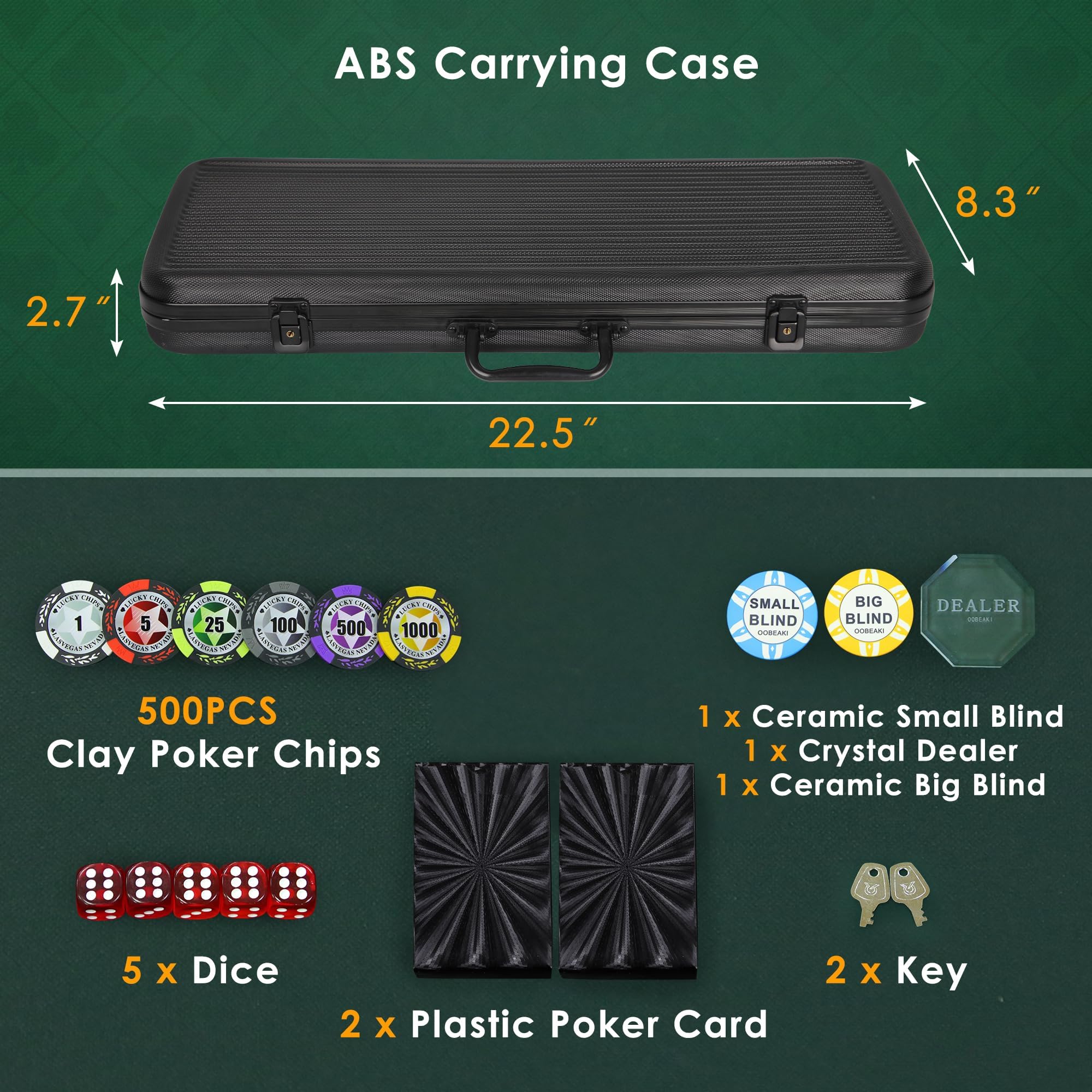 ORIENGEAR 500-Piece 14 Gram Clay Composite Poker Chip Set with Denominations - Includes ABS Case & 2 Decks of Plastic Cards for Texas Hold'em, Blackjack, Casino Night & Home Poker Games