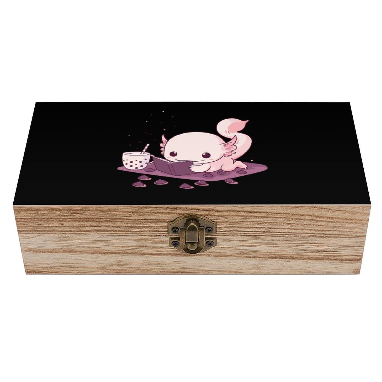 Adorable Axolotl Wooden Storage Box - 7.9'' x 3.7'' x 2.3'' Hinged Lid Jewelry Organizer with Front Clasp - Perfect for Keepsakes, Rings & Small Treasures - Great Gift for Kids & Collectors