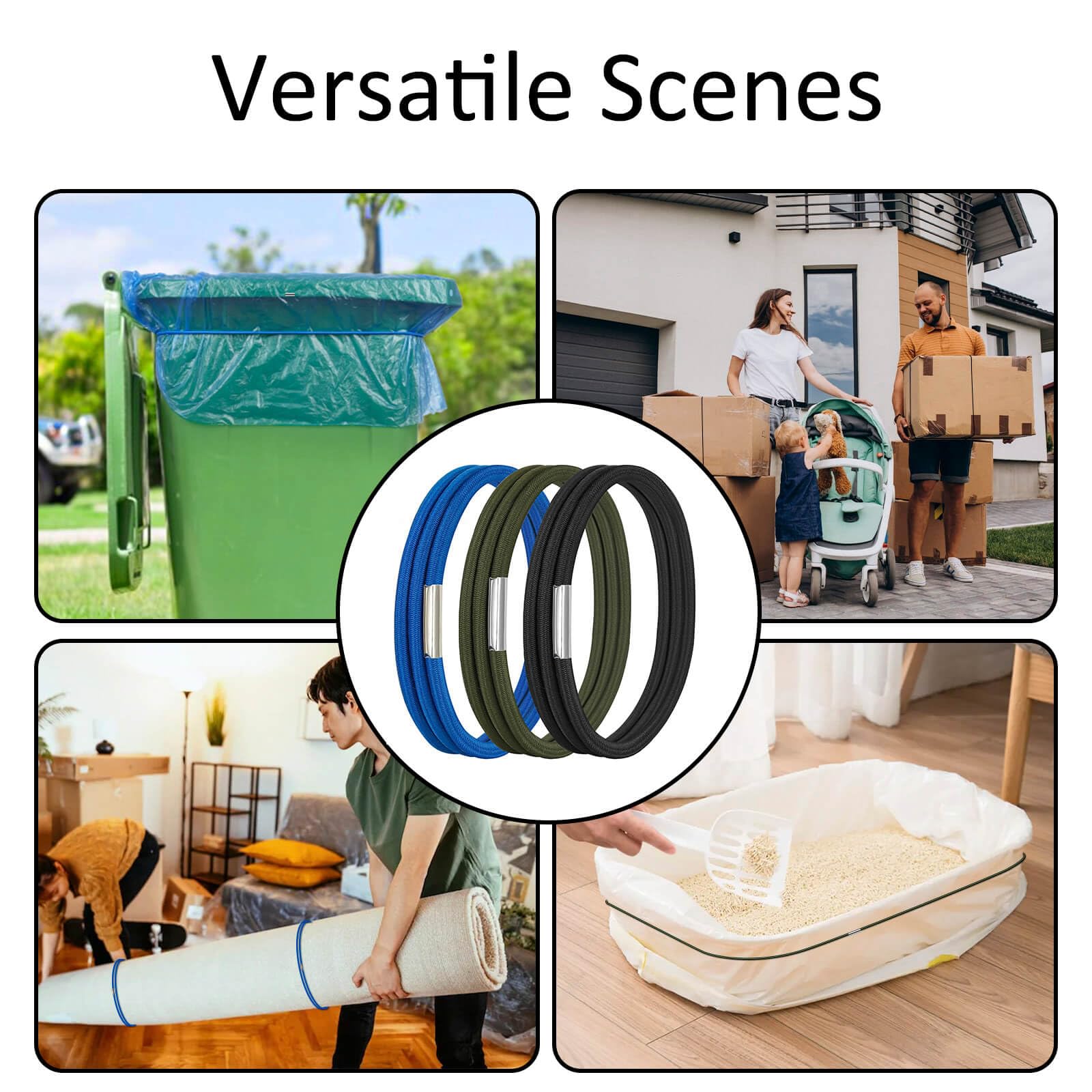 Heavy Duty Large Rubber Bands for 50-96 Gallon Trash Cans - Strong Elastic Garbage Can Bands (Set of 3 in Black, Blue & Olive Green) - Secure Kitchen Trash Bags, Outdoor Bin Covers & Recycling Containers
