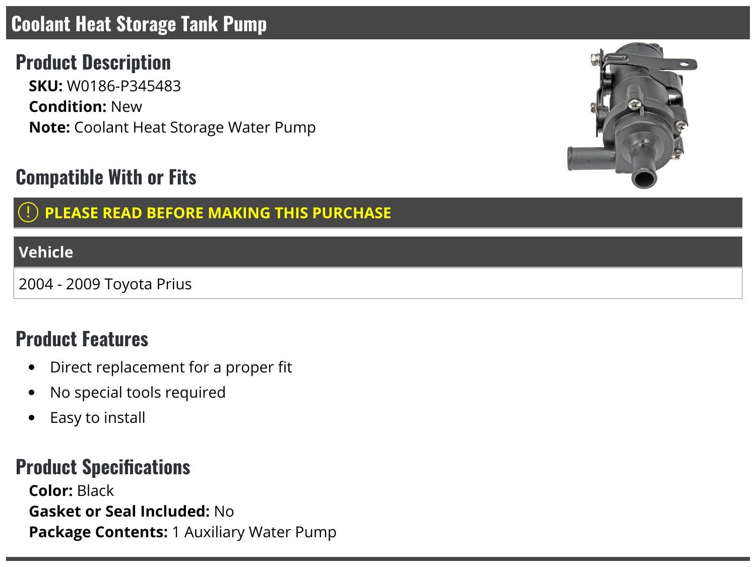 2004-2009 Toyota Prius Coolant Heat Storage Tank Water Pump Replacement - High Performance Cooling System Part for Hybrid Vehicles - Perfect for Engine Maintenance & Winter Driving