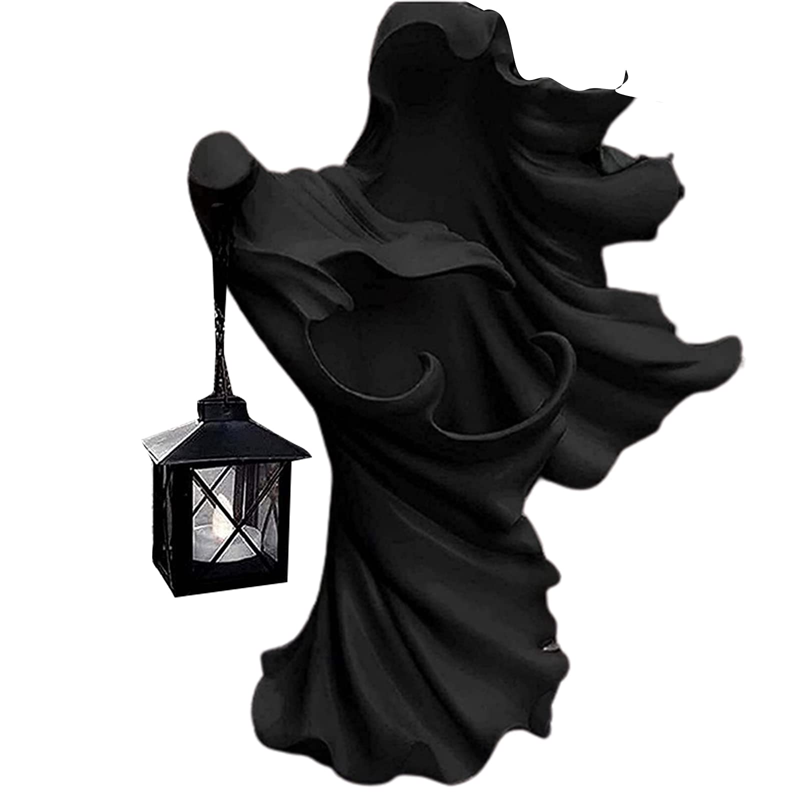 Halloween Ghost Messenger with Lantern - Witch Resin Statue for Candle Light Display, Indoor/Outdoor Home & Garden Decor - Perfect for Spooky Party, Haunted House, and Gothic Collection (Black)