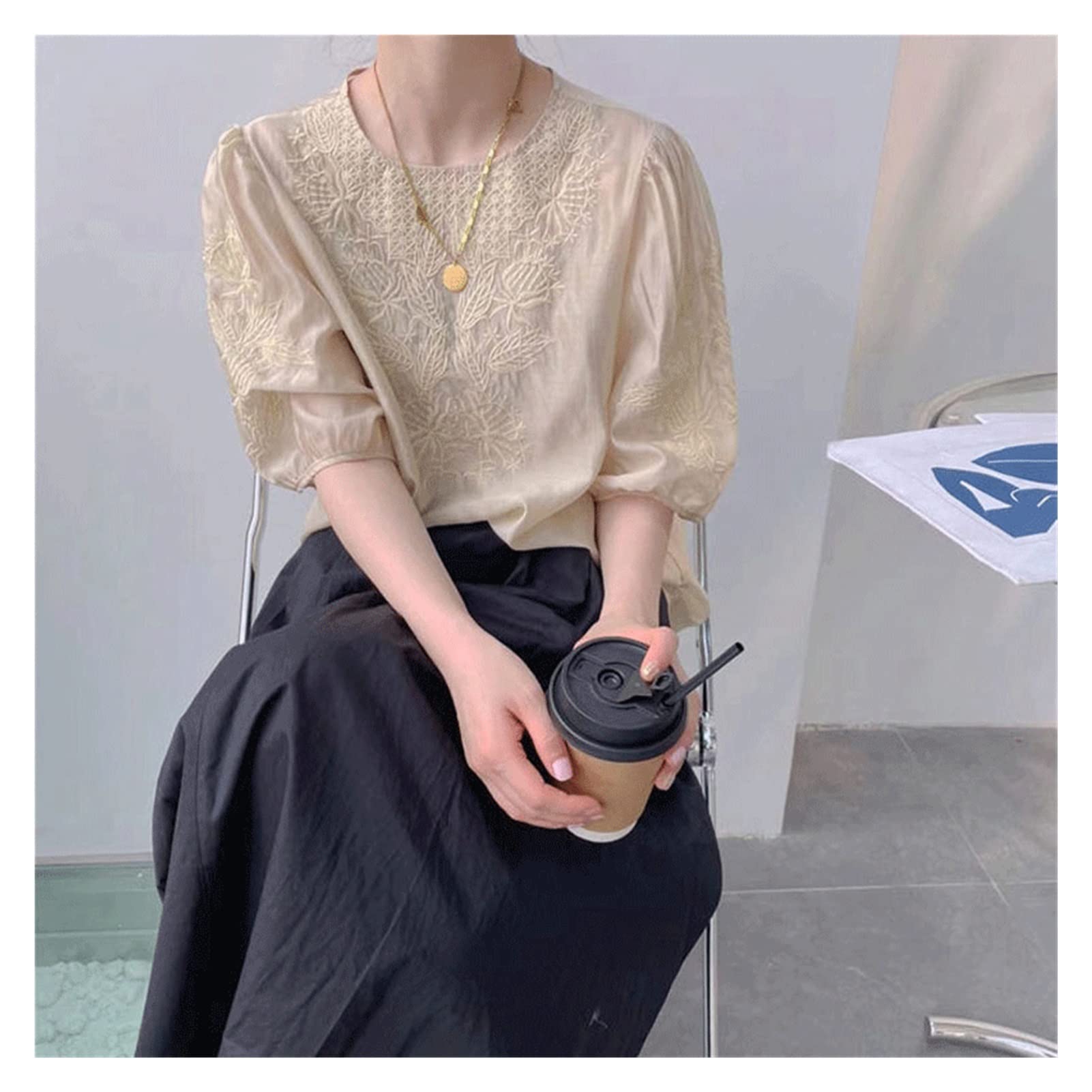 Women's Casual Bubble Sleeve Embroidered Chiffon Blouse - Floral Summer Loose Top with O-Neck (Color C, Size L) | Perfect for Beach Outings, Date Nights & Summer Vacations
