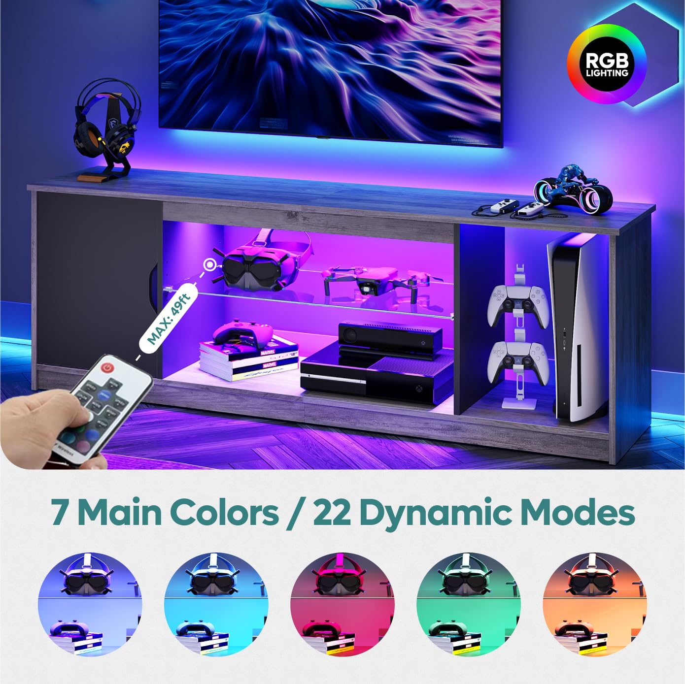 Bestier 57 Inch LED TV Stand for 55/60/65 Inch TVs - Modern Entertainment Center with Storage Cabinet for PS5, Xbox & Media Devices - Adjustable Glass Shelves - Grey Wash Finish - Perfect for Living Room & Bedroom Gaming Setup