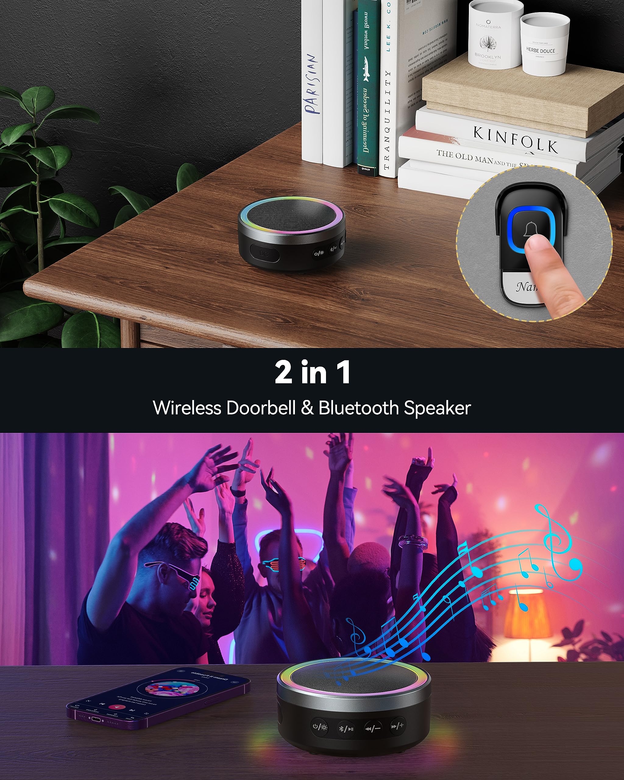 TECKNET 2-in-1 Wireless Doorbell with Bluetooth Speaker - Portable RGB Light Doorbell, IP66 Waterproof, 0-100dB Adjustable Volume, Stereo Sound - Perfect for Home Security, Outdoor Parties & Smart Home Integration