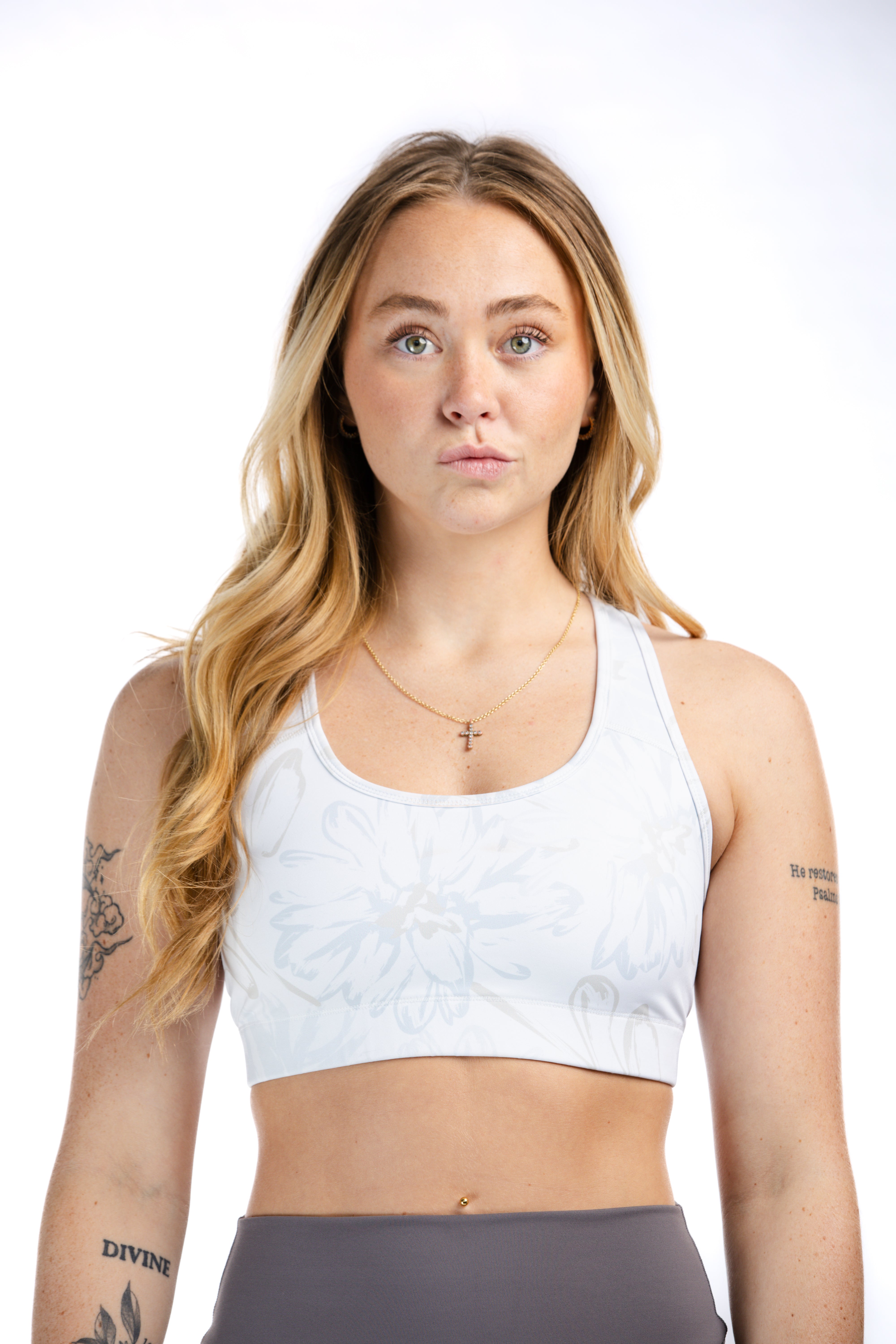 High Support Sports Bra for Women - Grey & Tan Floral Pattern Workout Top | Perfect for Yoga, Running & Gym Fitness Activities