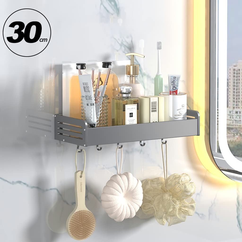 Rustproof Aluminum Alloy Shower Caddy with Hooks - 30cm Bathroom Shelf Organizer for Shampoo, Conditioner & Toiletries | No-Drill Installation, Space-Saving Storage Solution for Showers, Bathrooms & Dorm Rooms (Gray)