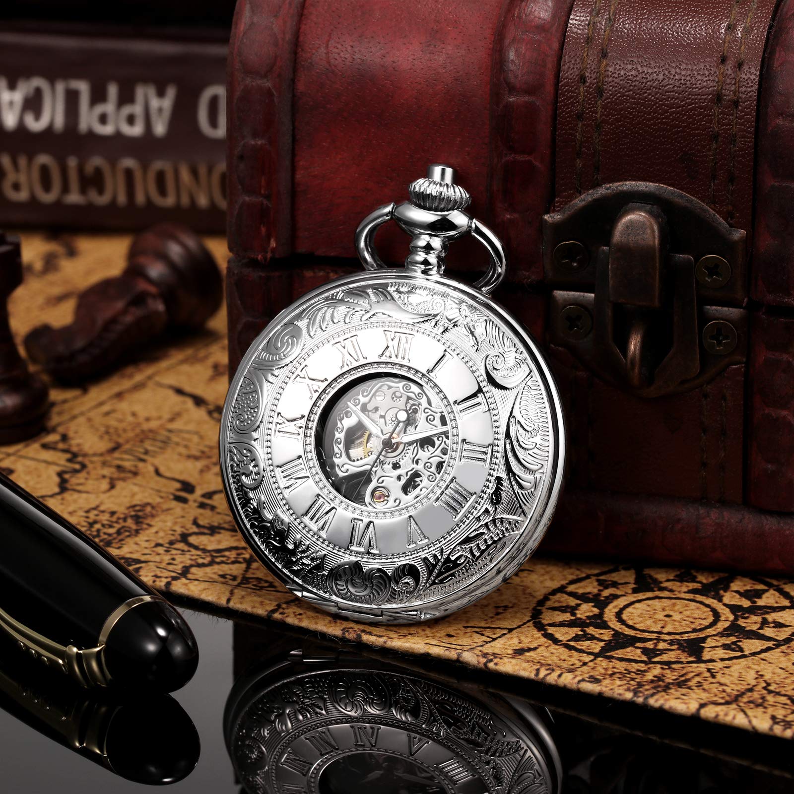 Men's Skeleton Pocket Watch - Blue Roman Dial for Gifts & Collectors