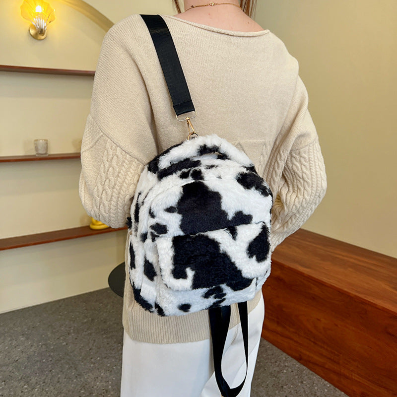 Adorable Cow Print Furry Backpack for Women - Small Cute Shoulder Bag for School, Travel & Daily Use