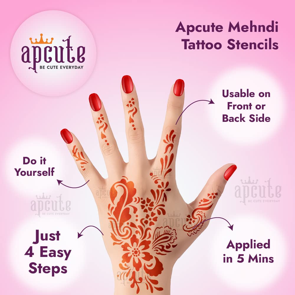 APCUTE Henna Tattoo Stencils for Women & Kids - 2 Piece Easy Apply Mehndi Design Kit (APCUTE-H24) | Perfect for Parties, Weddings & Festive Celebrations