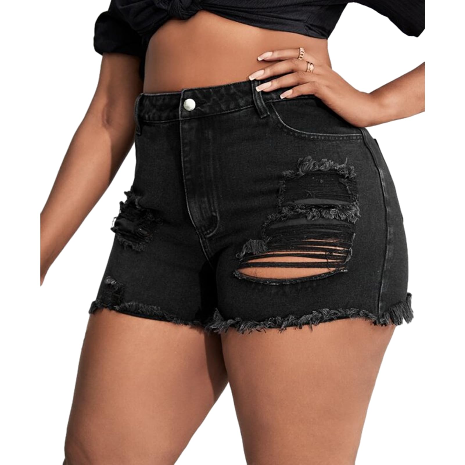 MapleHub Plus Size Women's Ripped Denim Jean Shorts - High Waisted Stretchy Folded Hem Distressed Denim Shorts for Casual Wear & Summer Outfits