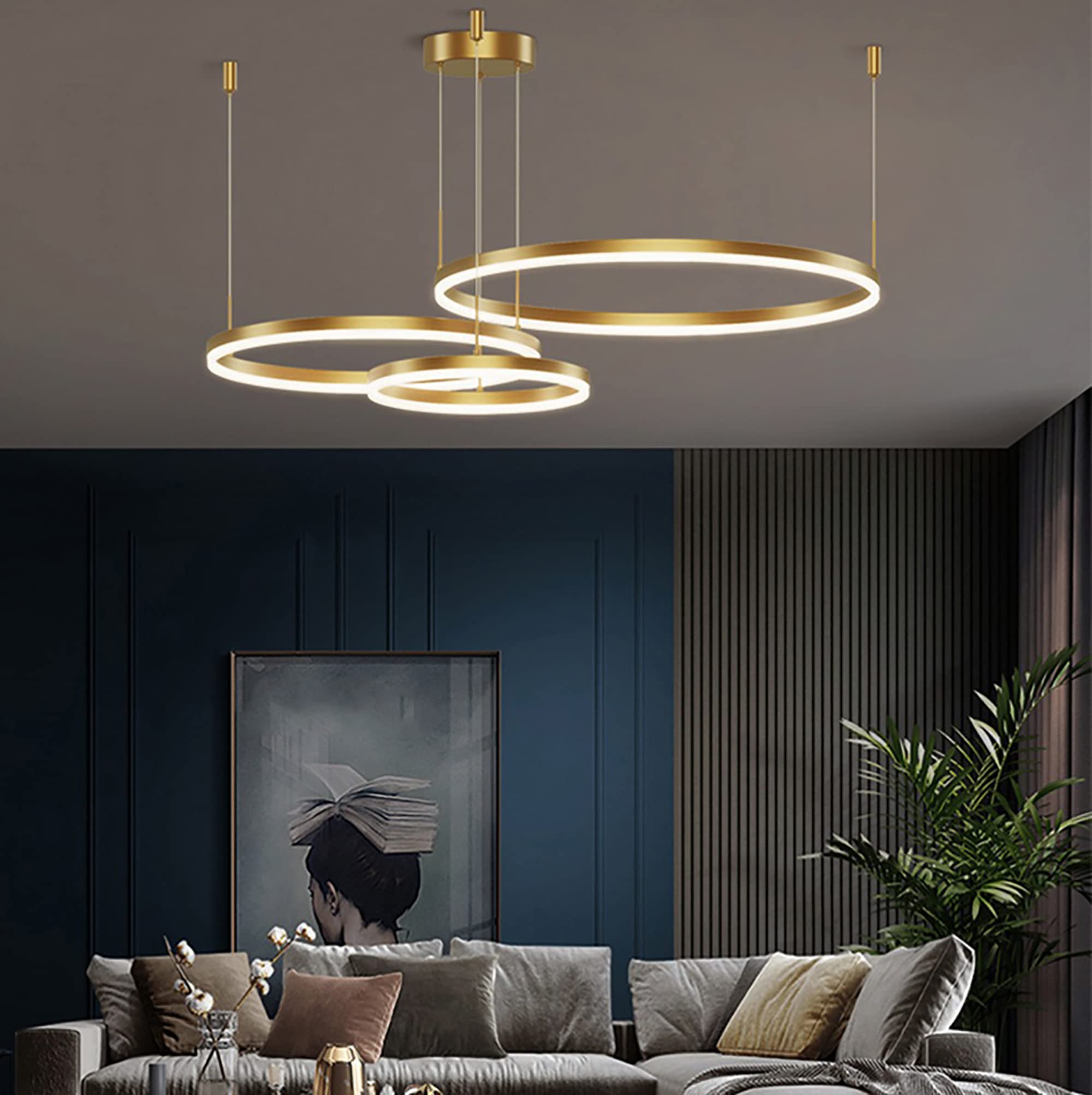 Gold Ring Chandelier LED Ceiling Light - Dimmable Geometric Circle Pendant Lighting Fixture for Living Room, Dining Room, Bedroom (20/40/60/80cm) | Modern Home Decor & Wedding Venue Lighting