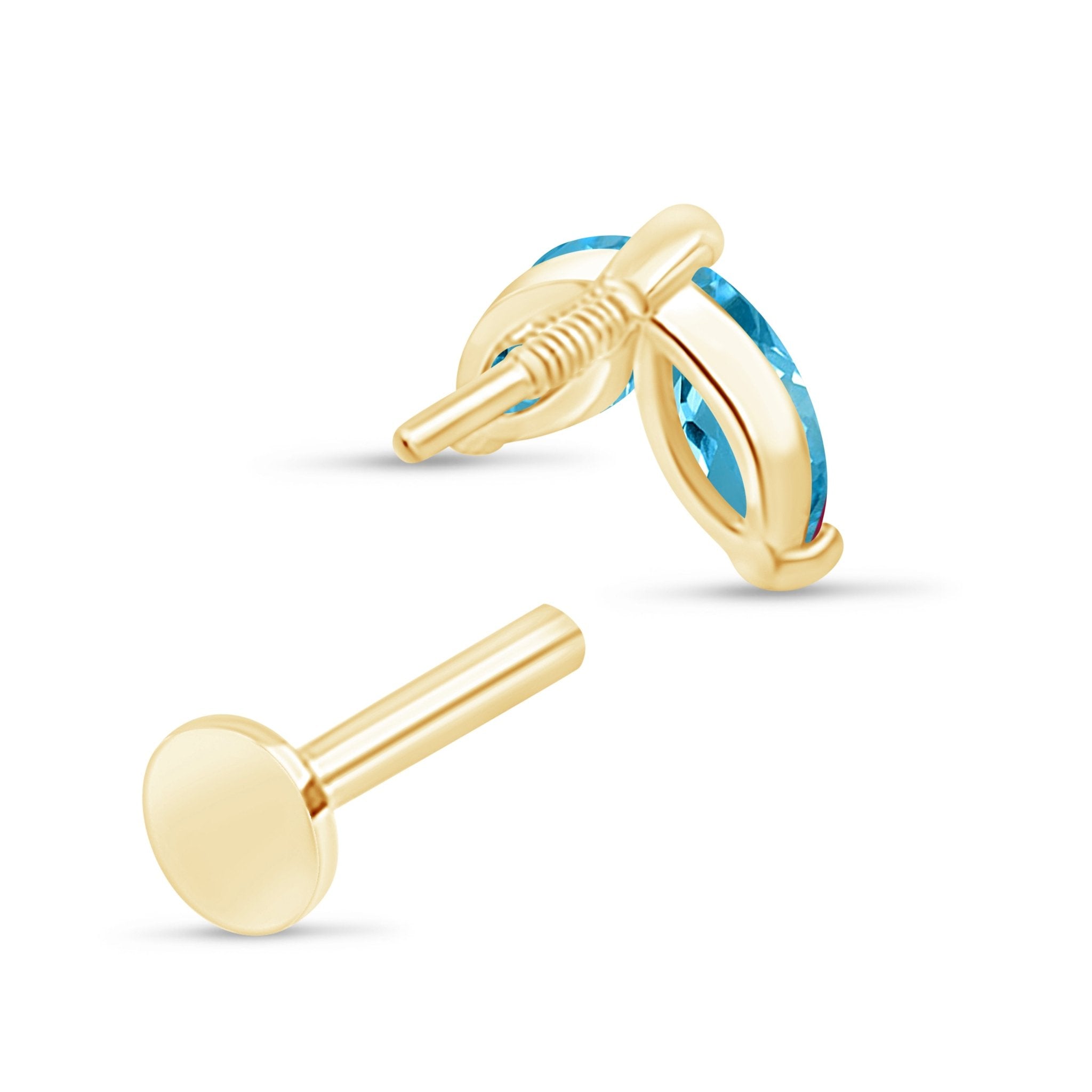 14K Yellow Gold London Blue Topaz Double Marquise Flat Back Stud Earrings - Perfect for Weddings, Parties & Everyday Elegance