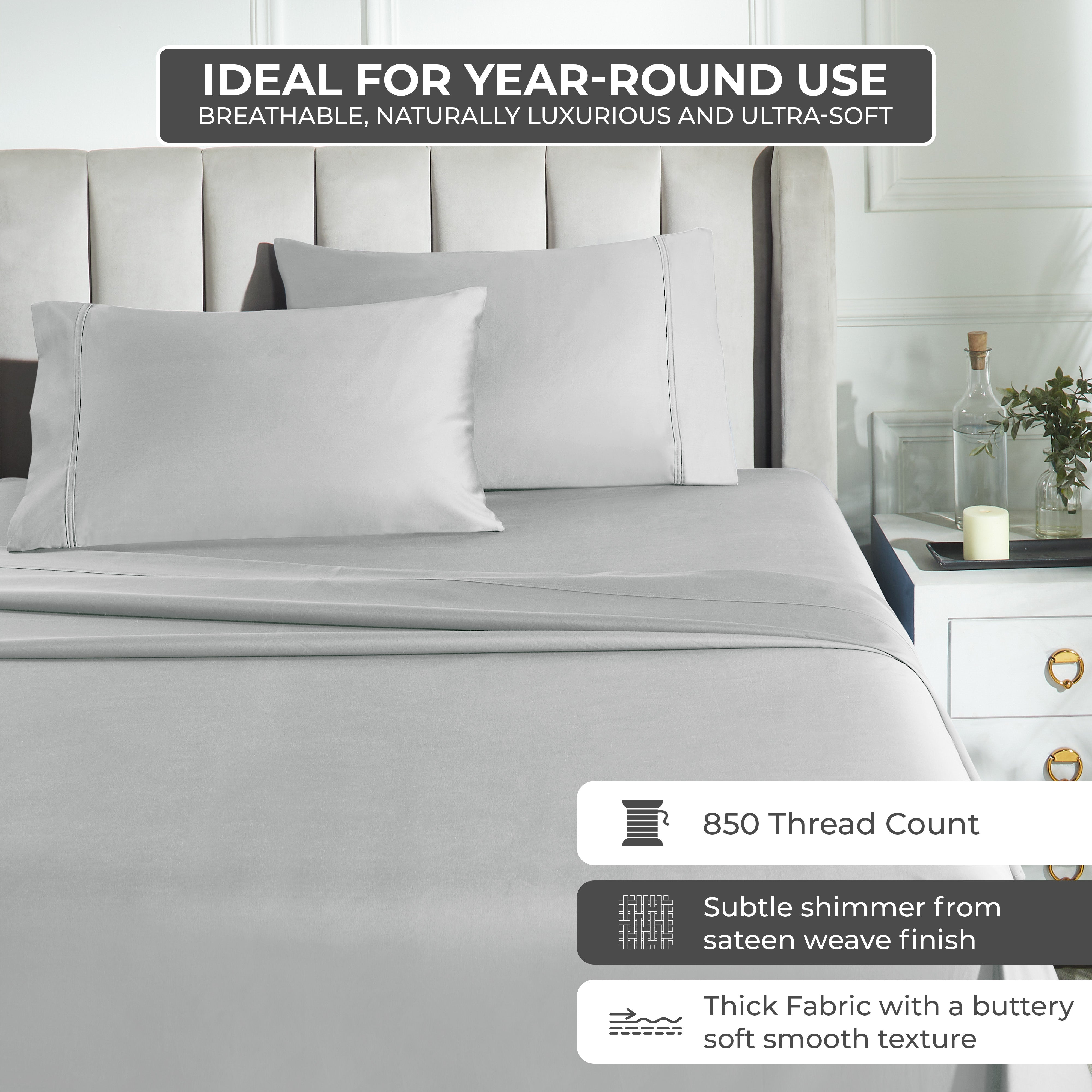 Premium 850 Thread Count 100% Cotton Solid Color Bed Sheet Set - Ultra Soft & Breathable for Comfortable Sleep - Perfect for Master Bedroom, Guest Room & Luxury Hotels