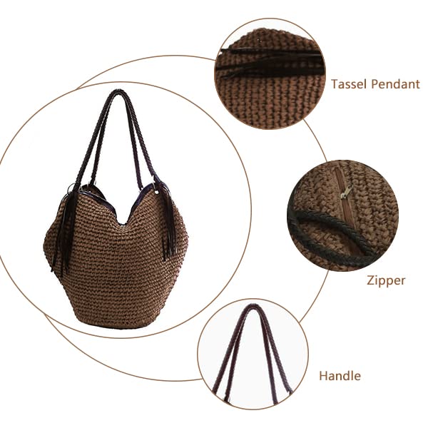 Boho Straw Tote Bag with Leather Tassels - Beach & Summer Handbag