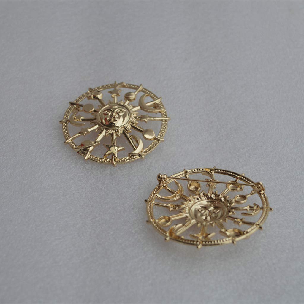 Golden Star Moon Sun Galaxy Brooch - Unisex Pewter Lapel Pins for Cardigan, Blouse & Shawl - Cosmic Couple Jewelry for Everyday Wear & Special Occasions