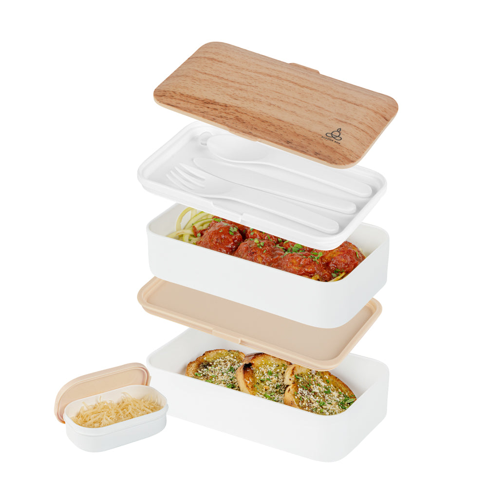 Bento Tek 41 oz Wood Grain & White Buddha Lunch Box with Utensils & Sauce Cup | 7.25